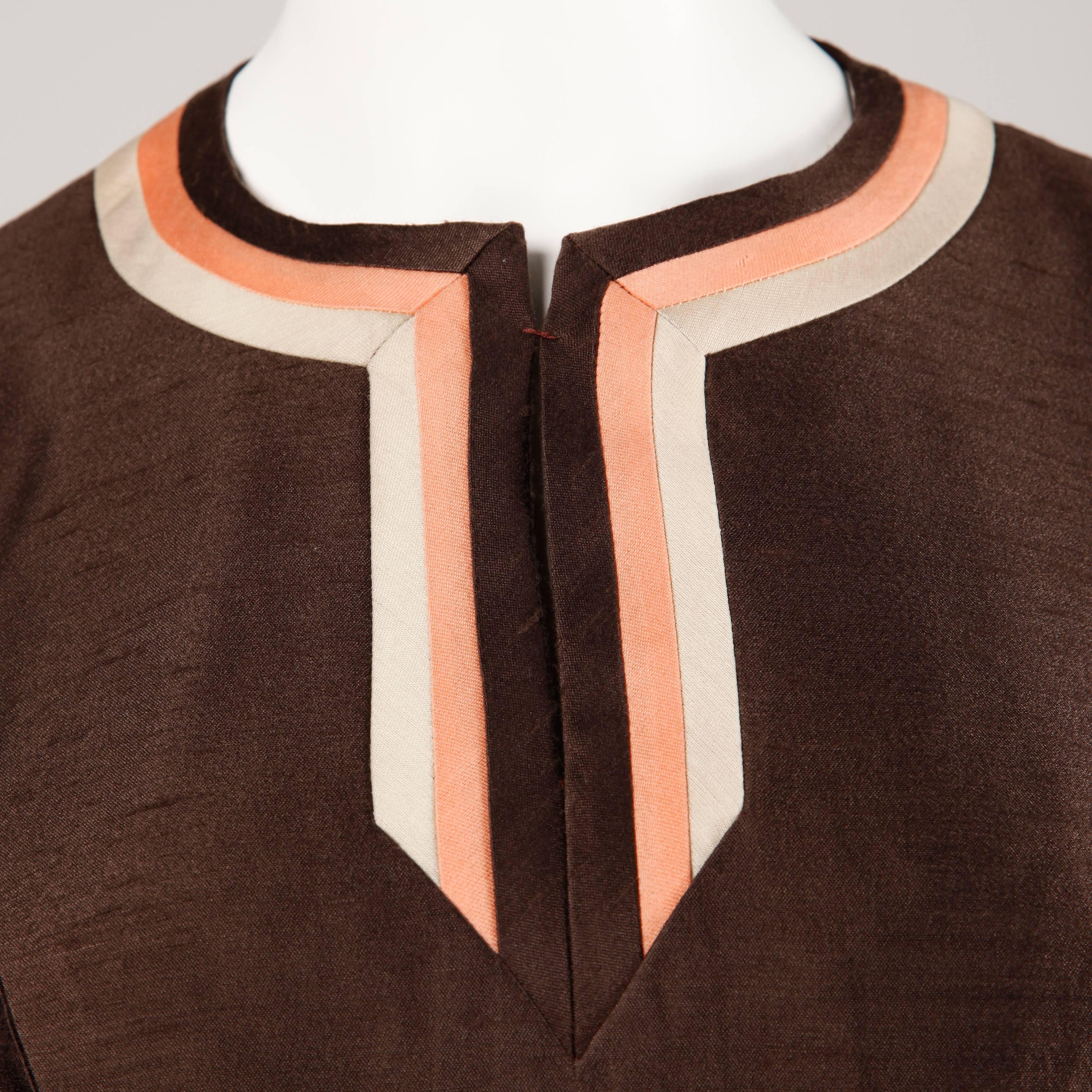 Stunning 1960s Vintage Silk + Wool Pink and Brown Striped Coat + Dress Ensemble For Sale 2