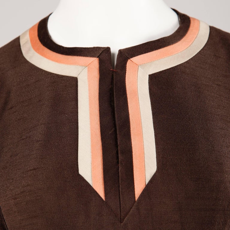 Stunning 1960s Vintage Silk + Wool Pink and Brown Striped Coat + Dress Ensemble For Sale 3