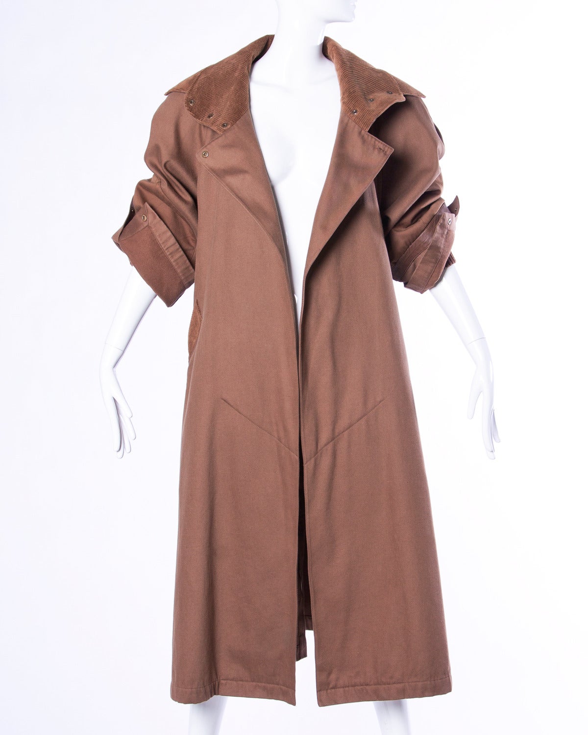 1980s Claude Montana Vintage Avant Garde Brown Canvas Coat with Leather Trim In Good Condition In Sparks, NV
