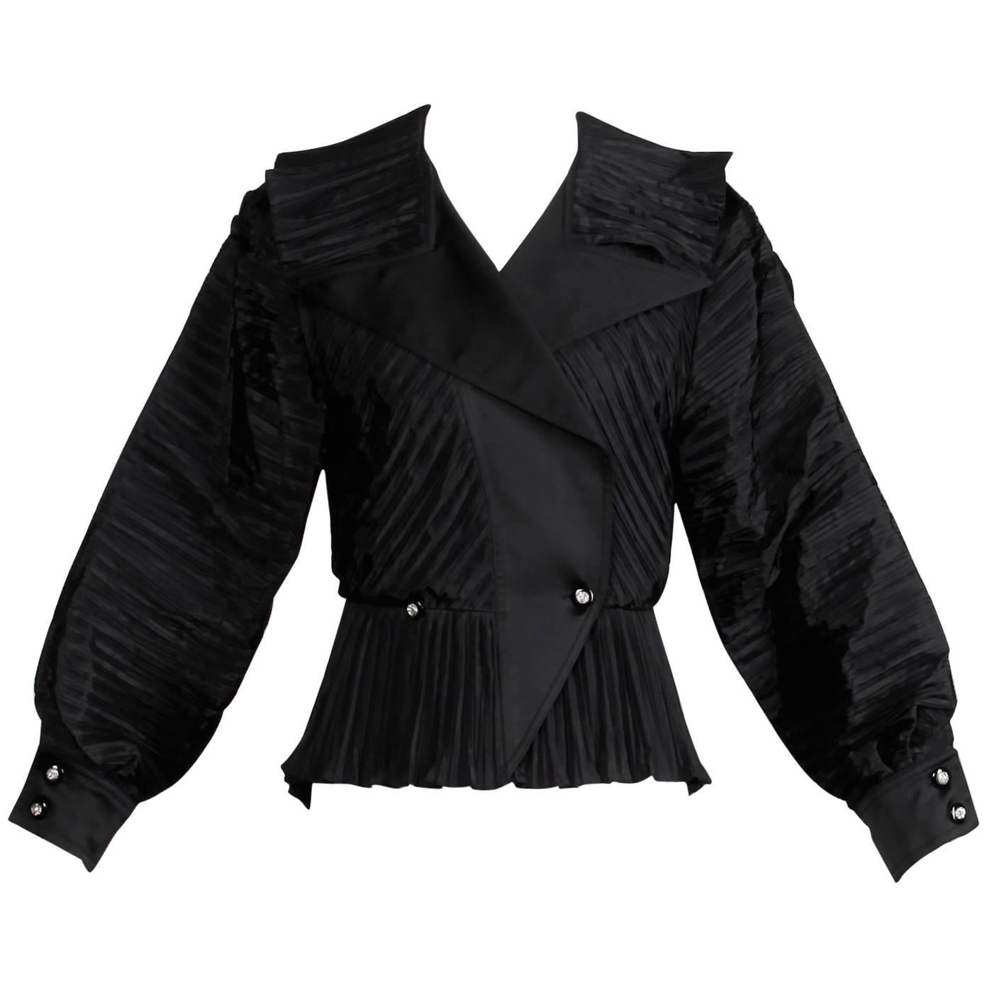 1980s Bernard Perris Vintage Black Origami Pleats Silk Avant Garde Tuxedo Jacket