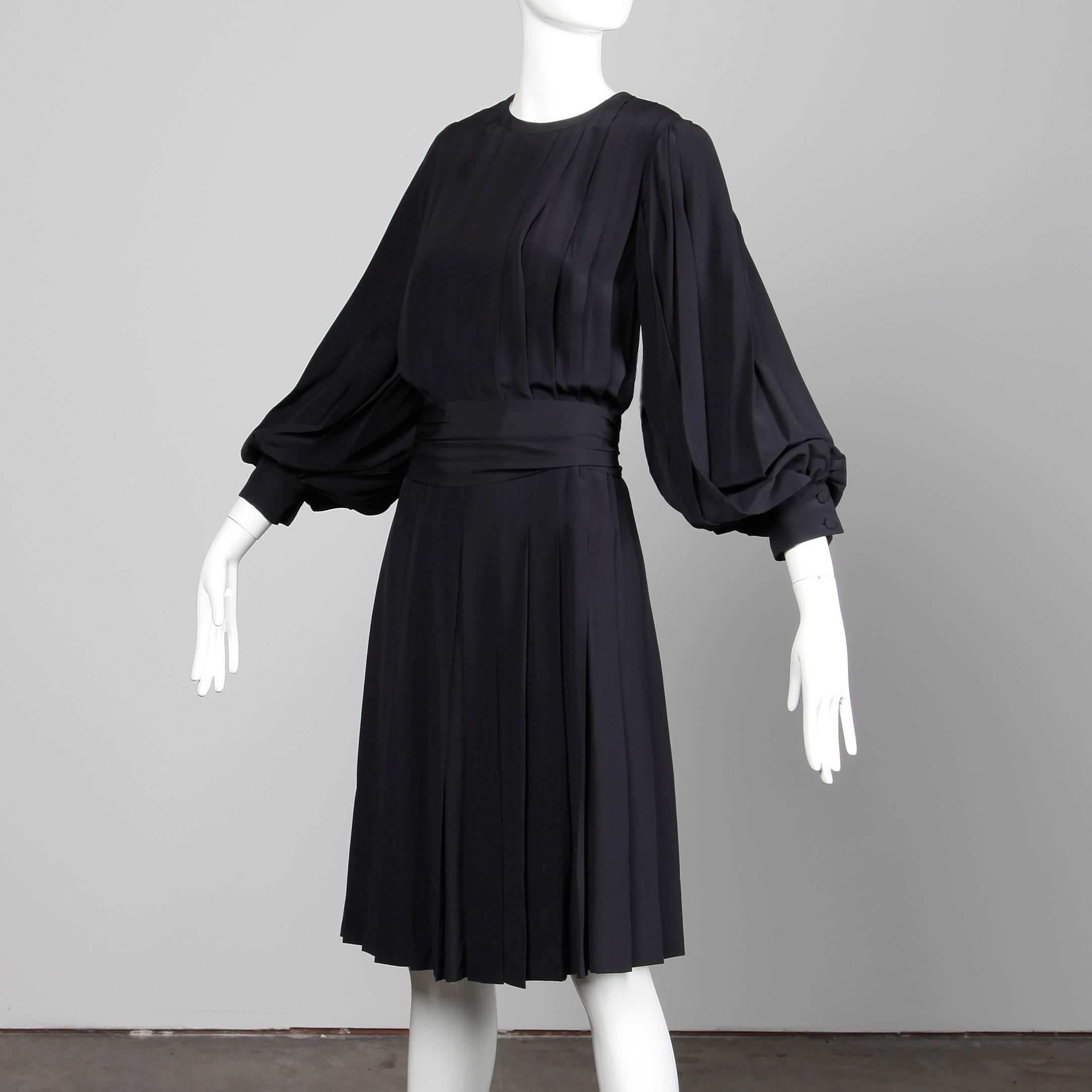 1980s Andre Laug Vintage Black Silk Dress with Matching Sash Belt In Excellent Condition For Sale In Sparks, NV