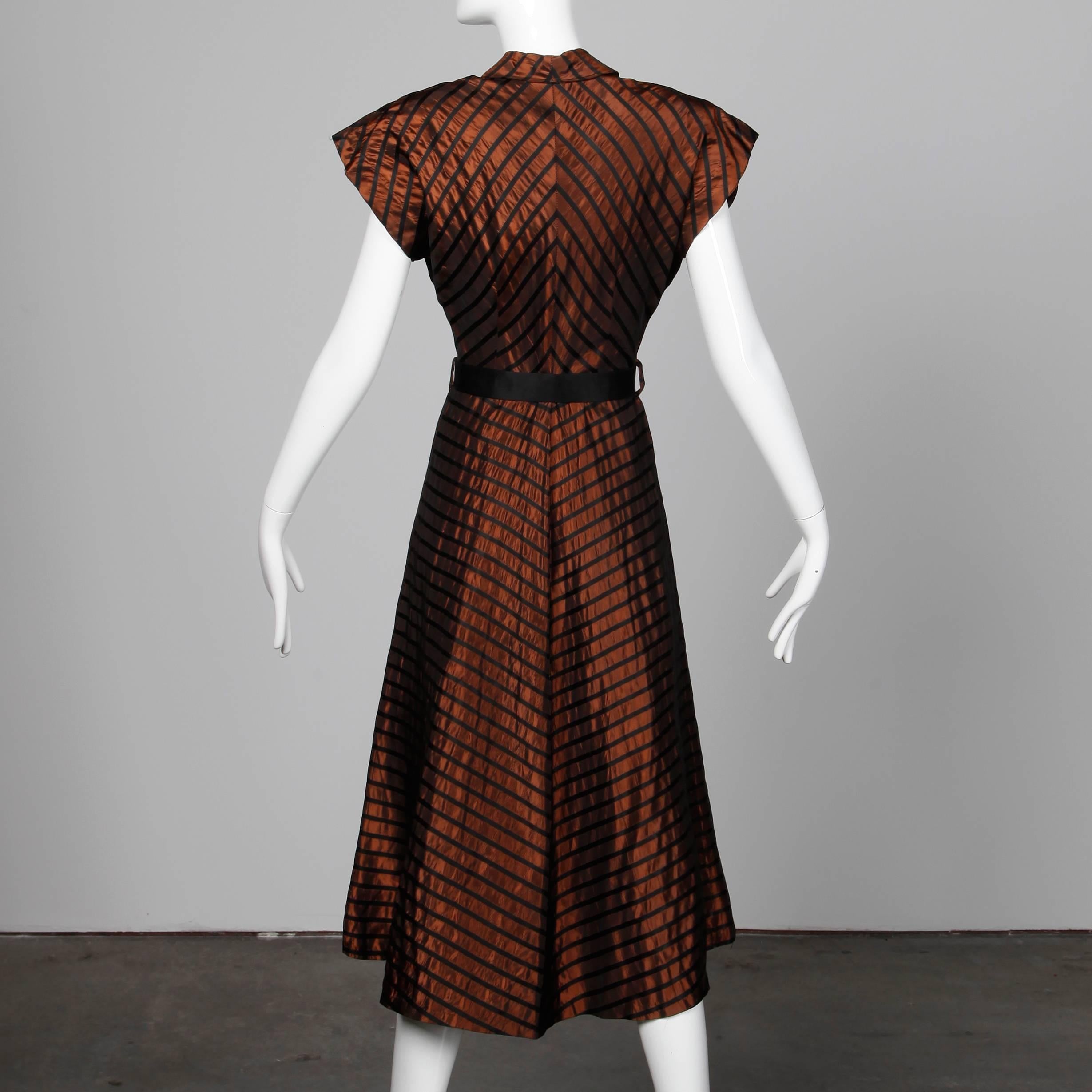 1940s Vintage Brown + Black Silk Taffeta Striped Dress with Belt In Excellent Condition In Sparks, NV