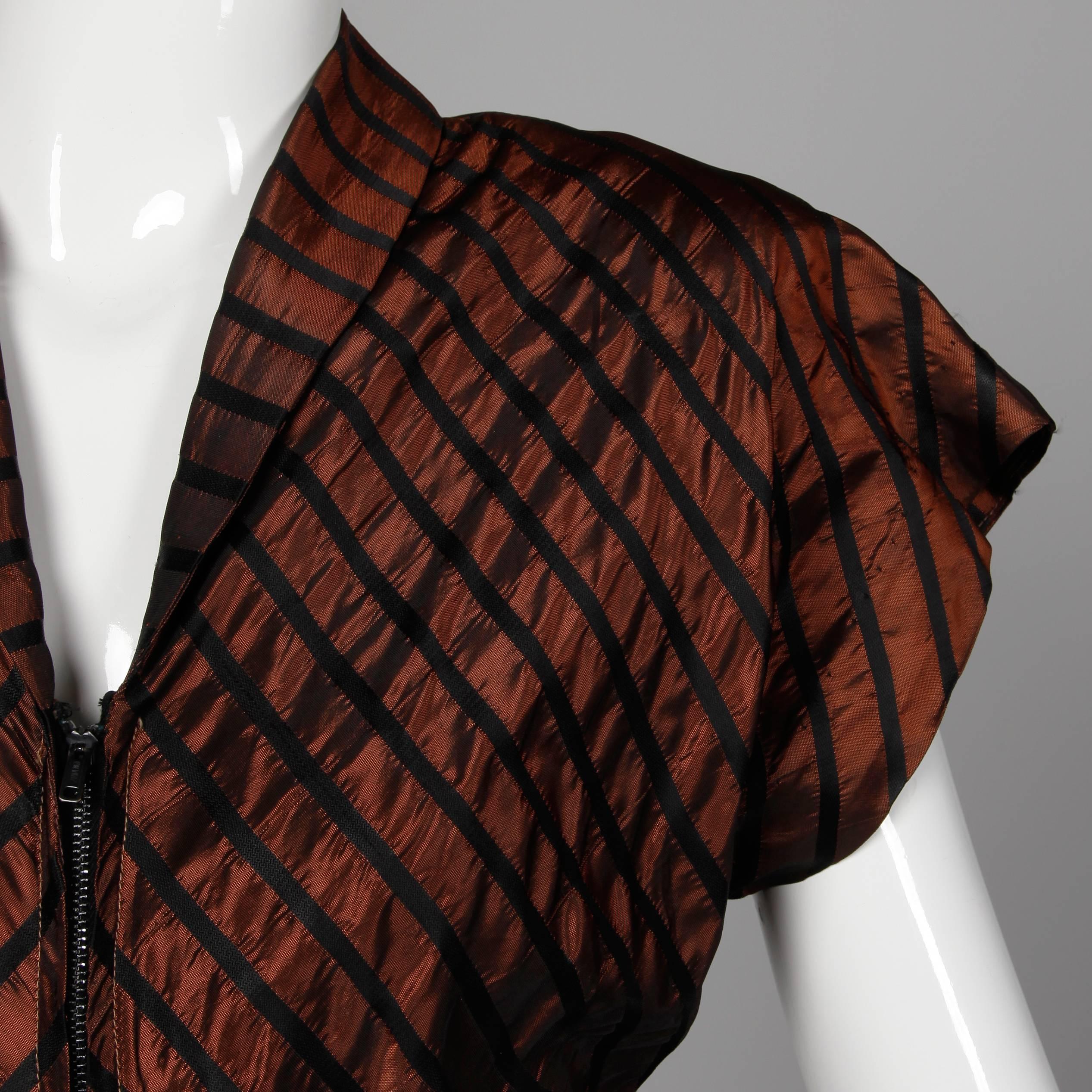 Women's 1940s Vintage Brown + Black Silk Taffeta Striped Dress with Belt