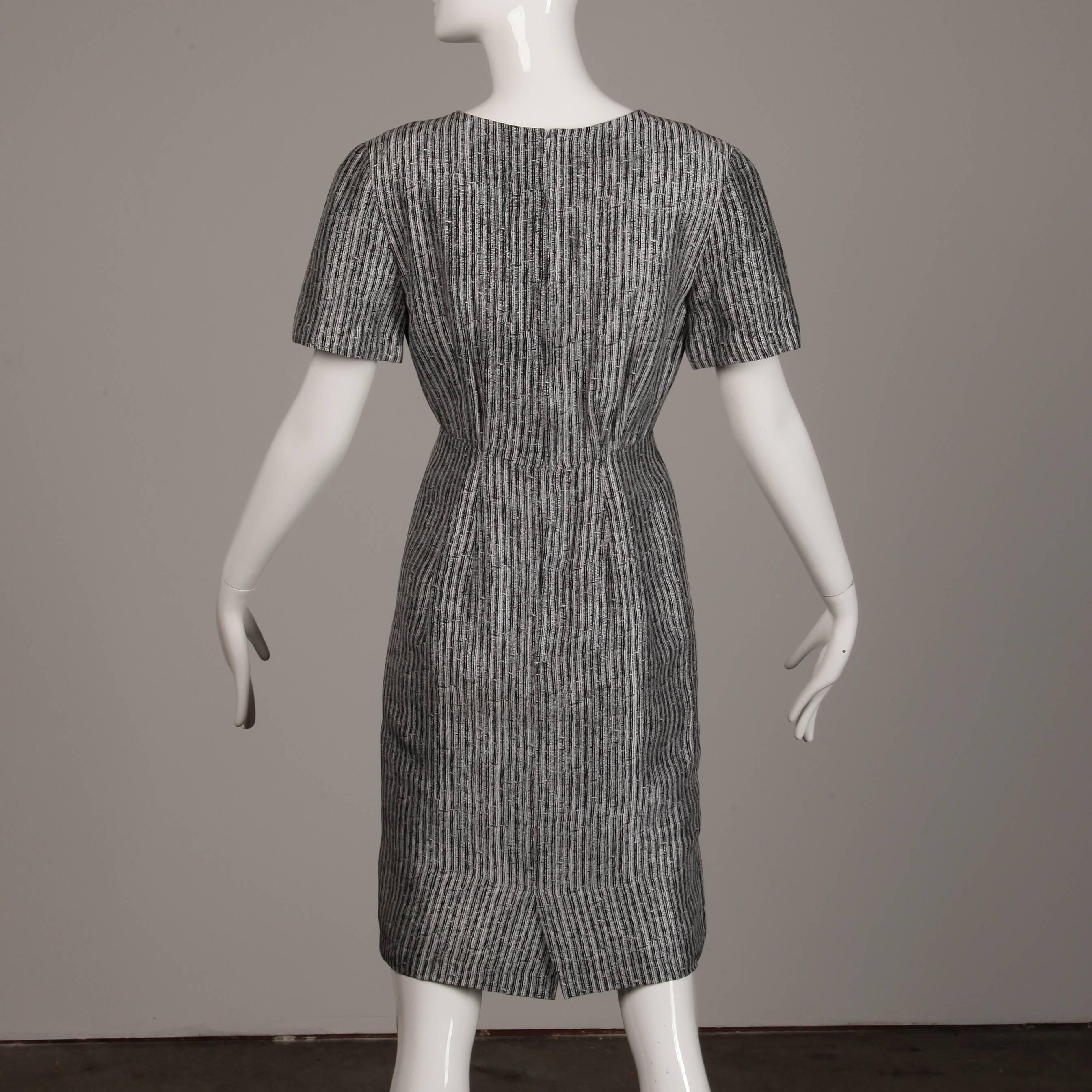 Women's Adele Simpson Vintage Black + White Print Silk Sheath Dress with Short Sleeves