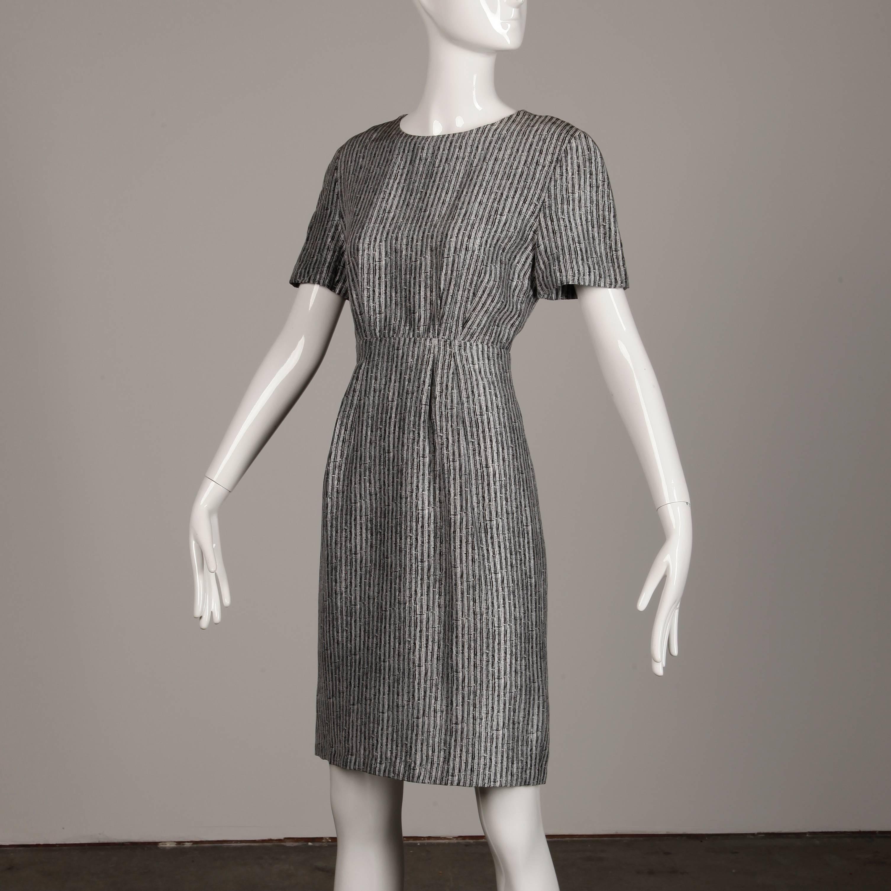 Gray Adele Simpson Vintage Black + White Print Silk Sheath Dress with Short Sleeves