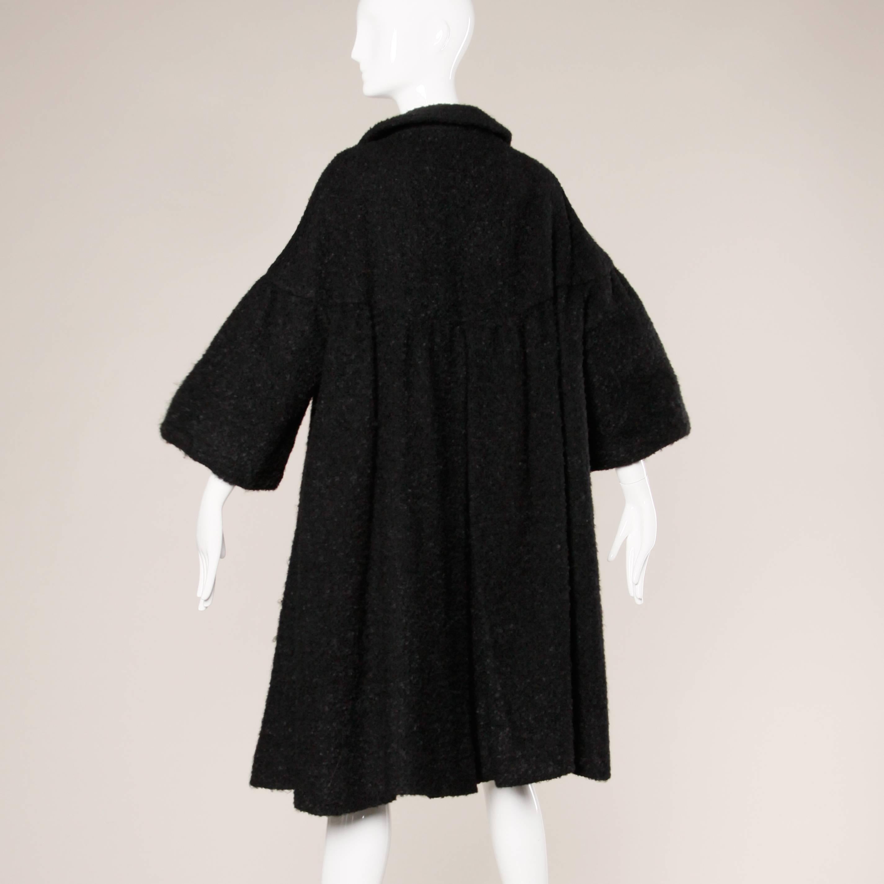 Black 1960s Zelinka Matlick Vintage Boucle Wool Swing Coat with Bell Sleeves