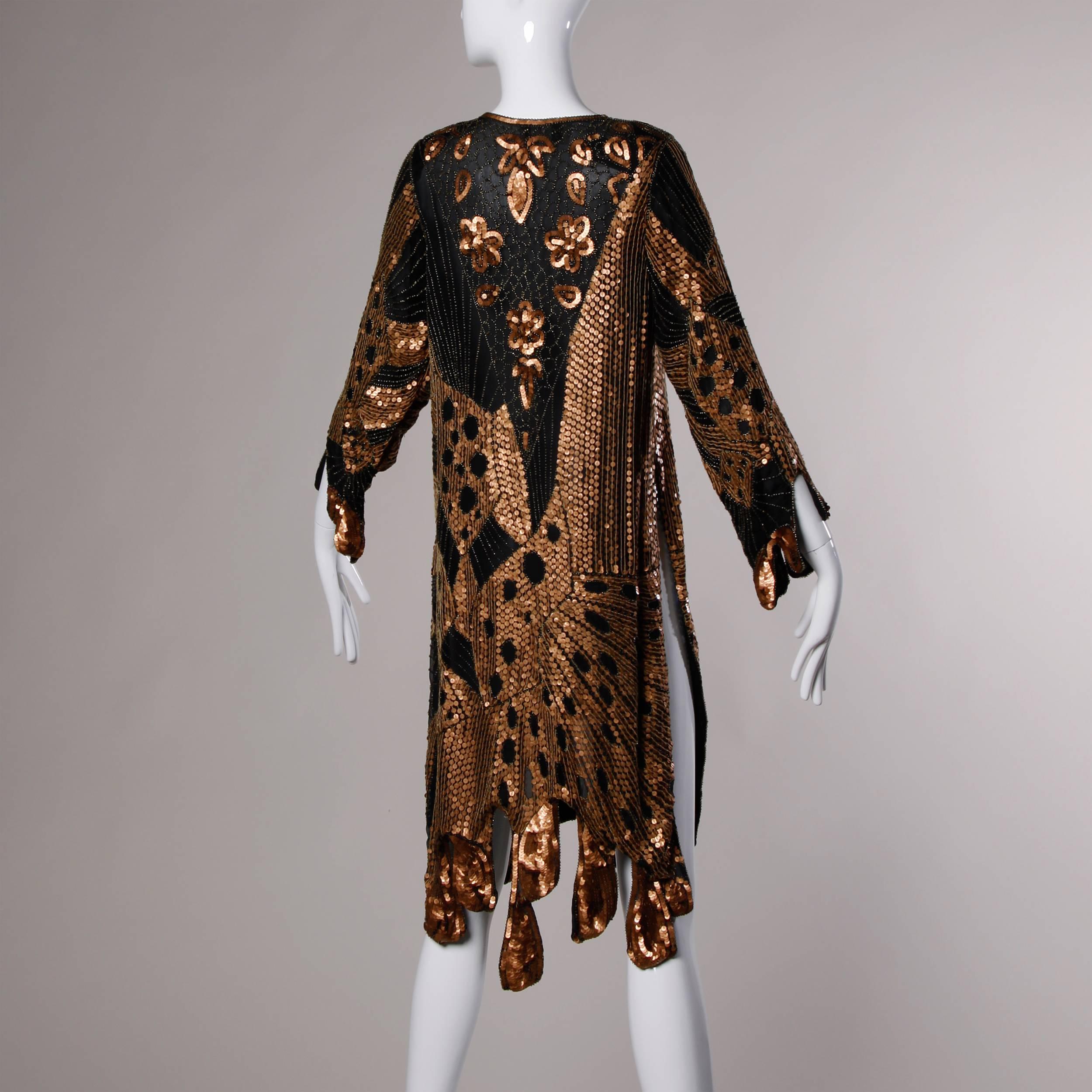 Black Unworn Vintage Metallic Sequin + Beaded Silk Flapper Dress with Original Tags