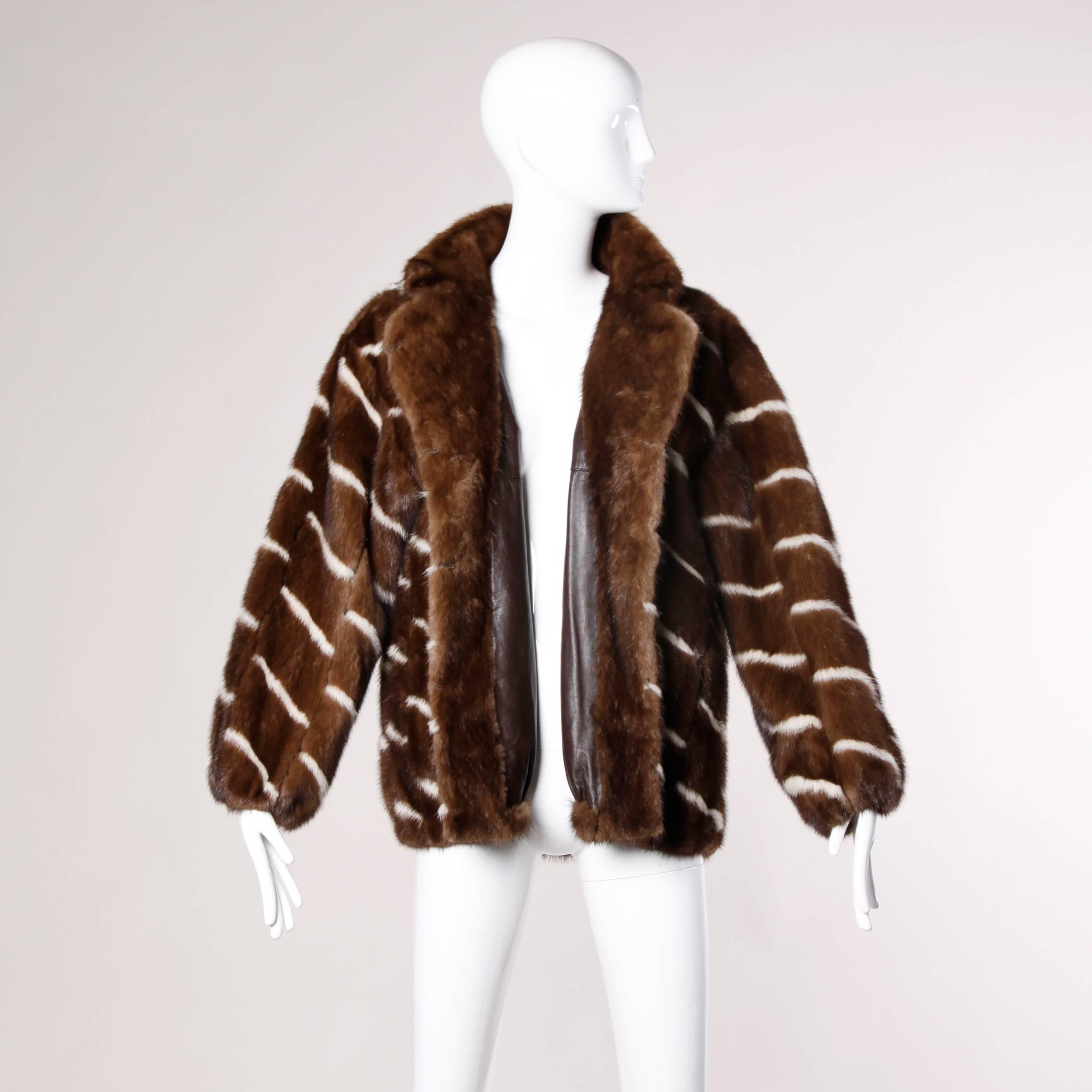 Vintage Brown + White Striped Mink Fur Jacket with Leather Lining In Excellent Condition In Sparks, NV