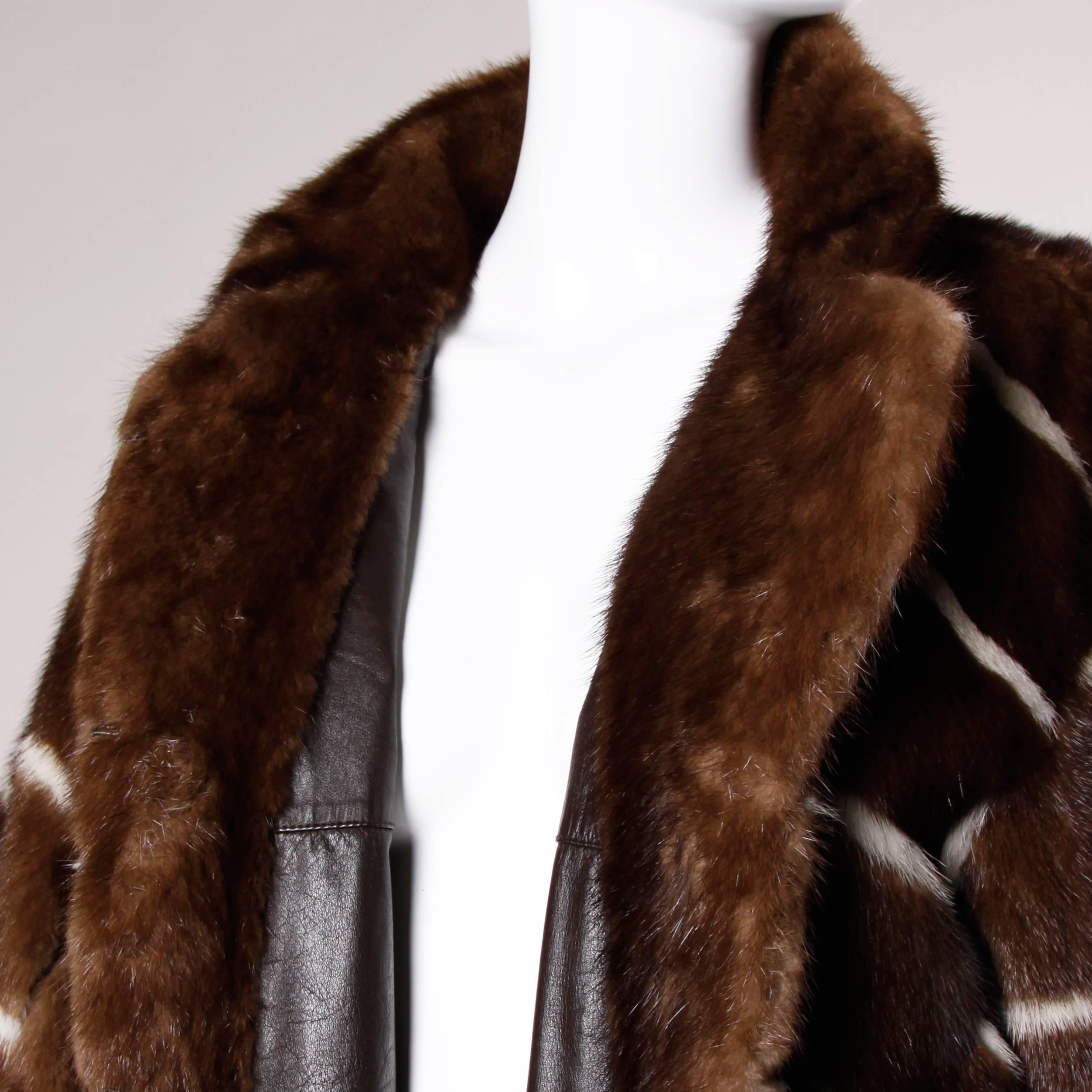 Vintage Brown + White Striped Mink Fur Jacket with Leather Lining 1