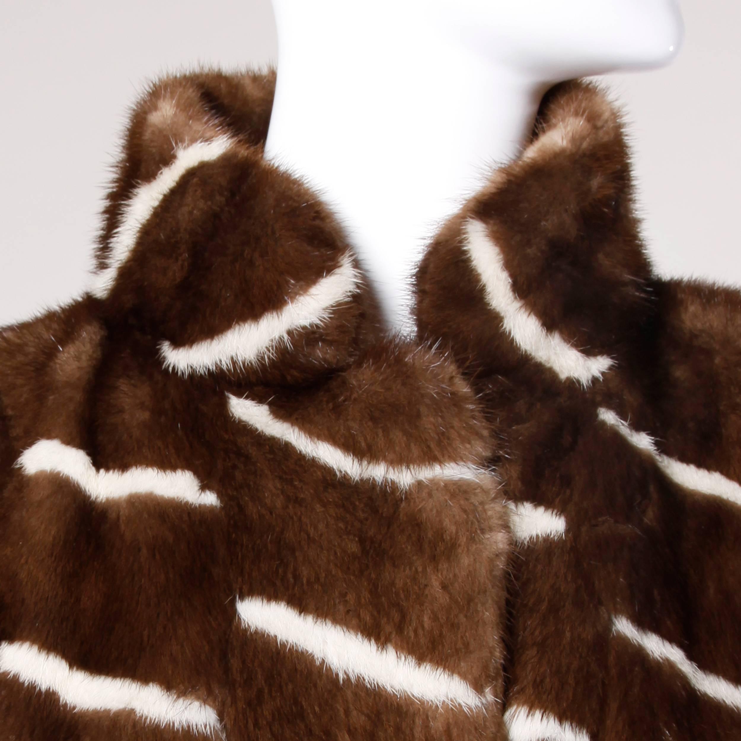 Women's Vintage Brown + White Striped Mink Fur Jacket with Leather Lining