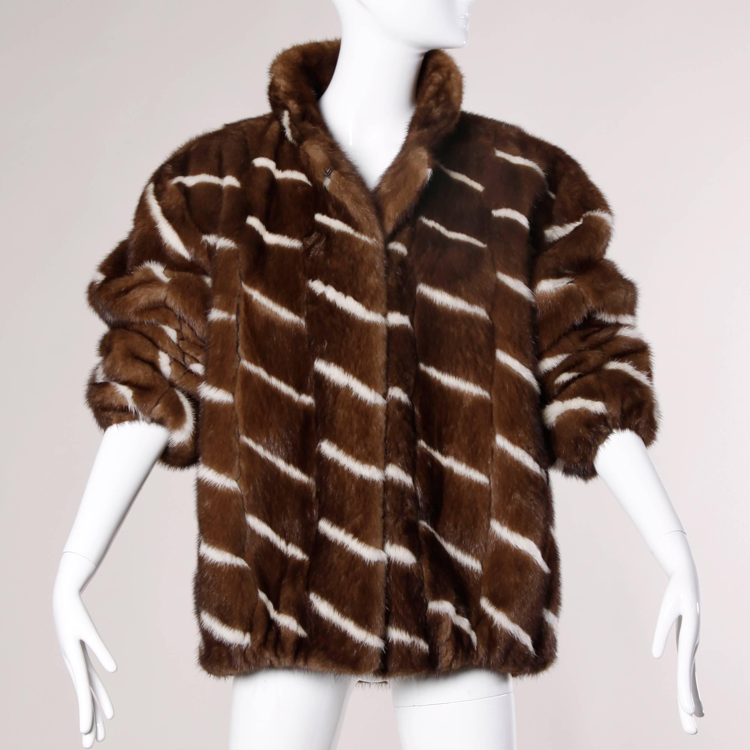 Black Vintage Brown + White Striped Mink Fur Jacket with Leather Lining