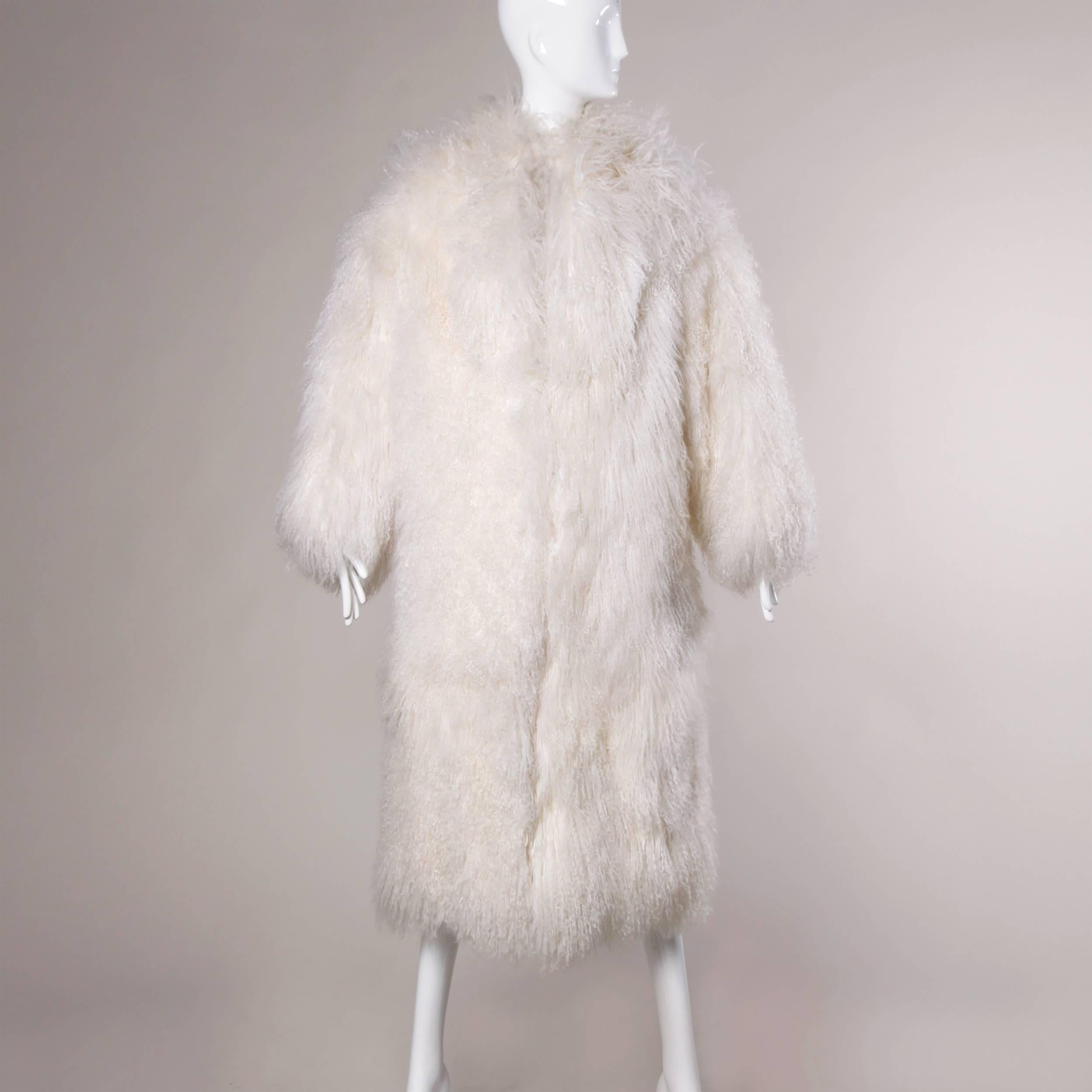 1970s Vintage White Shaggy Mongolian Lamb Fur Full-Length Coat 1