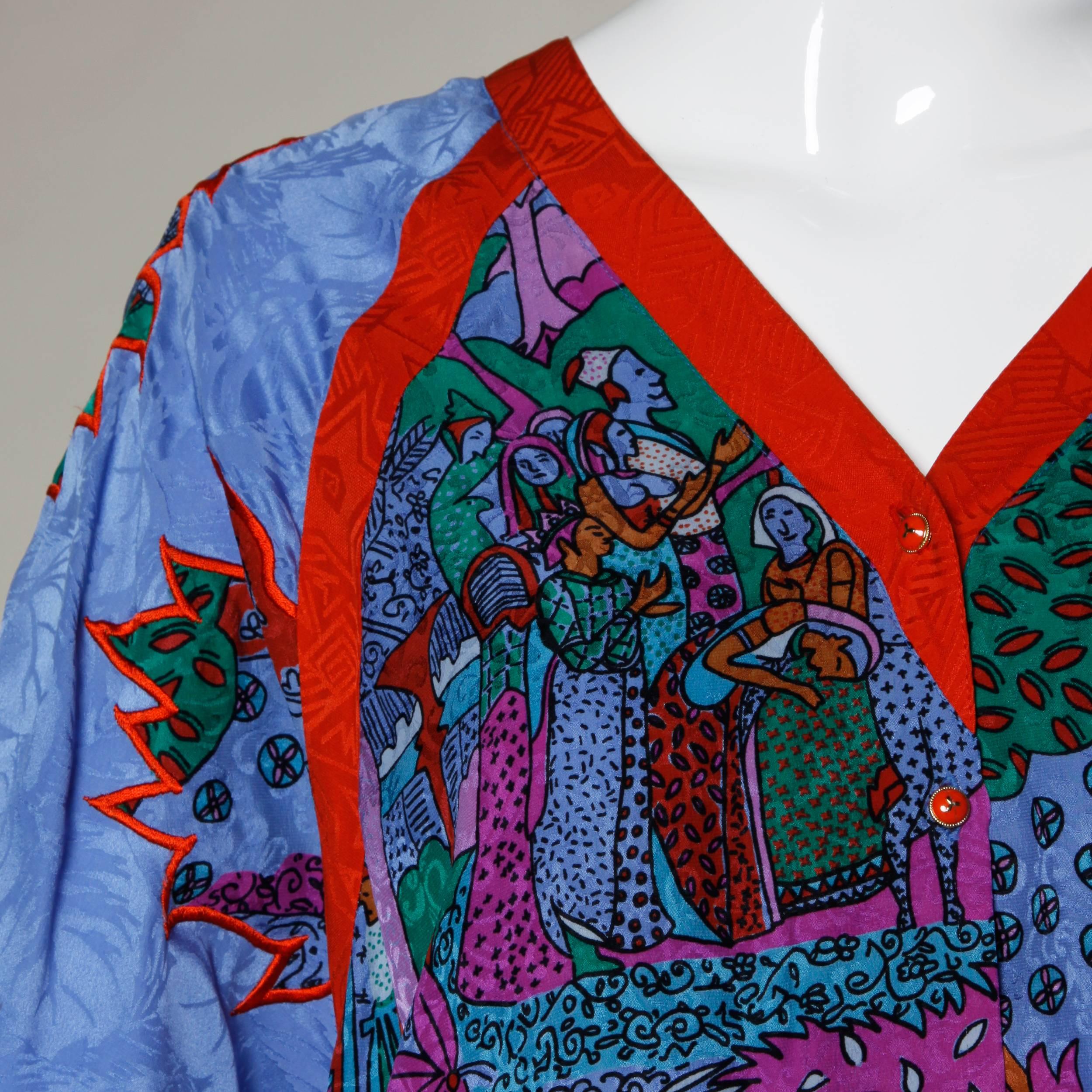 Women's Diane Fres Vintage Silk Patchwork Print Bohemian Pullover Blouse Top