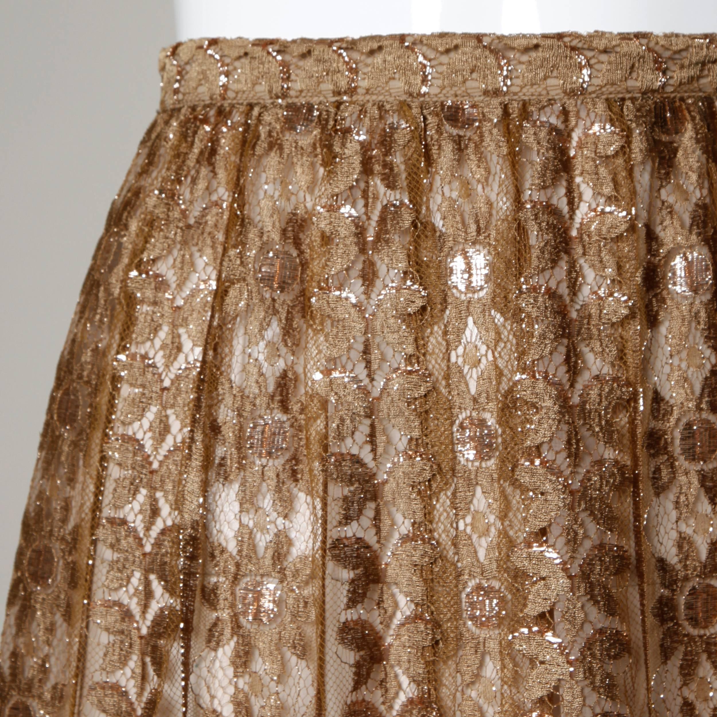 Jill Richards Vintage Scalloped Metallic Copper + Taupe Lace Maxi Skirt In Excellent Condition In Sparks, NV