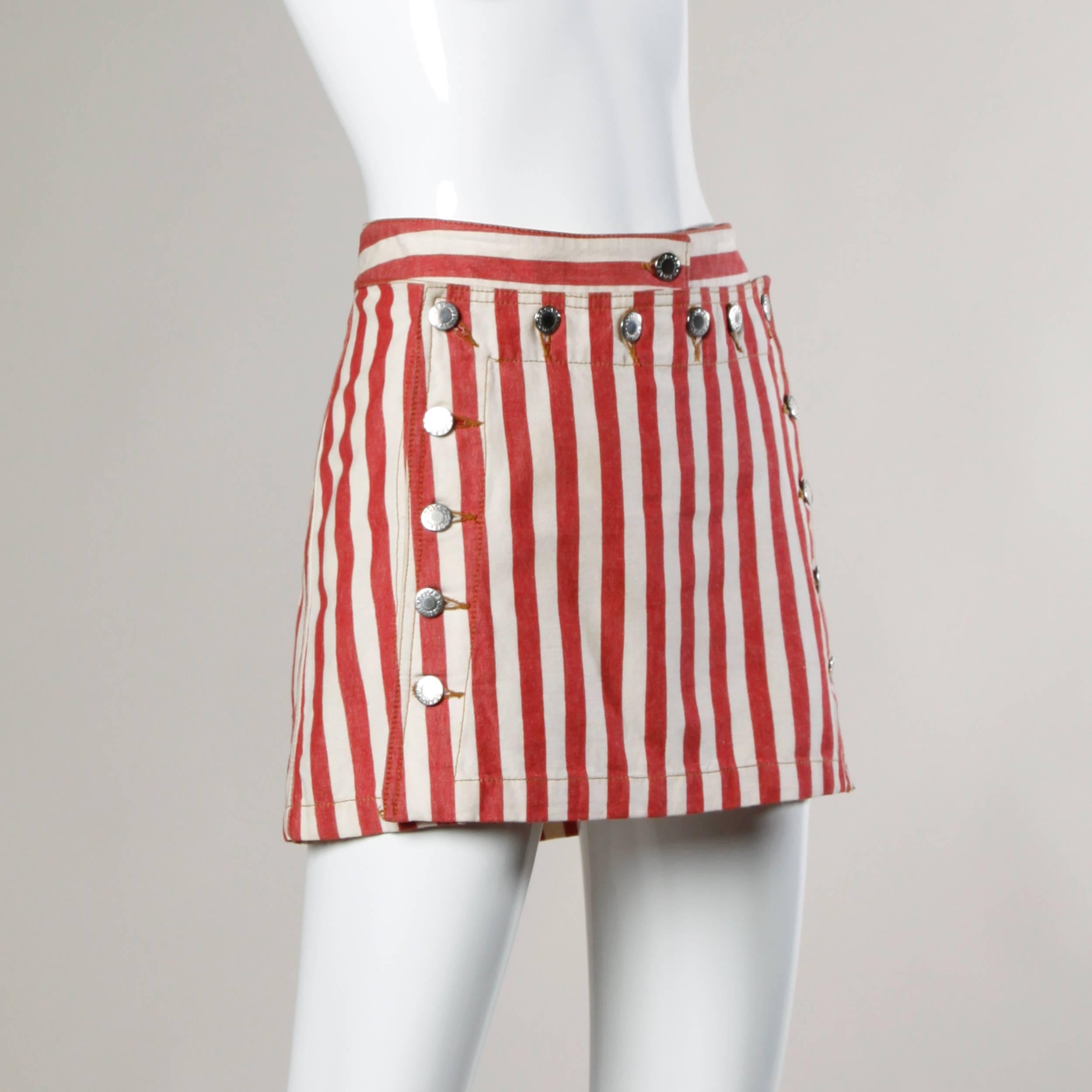 Beige Dolce & Gabbana Red Striped Denim Mini Skirt with Lace Up Detail