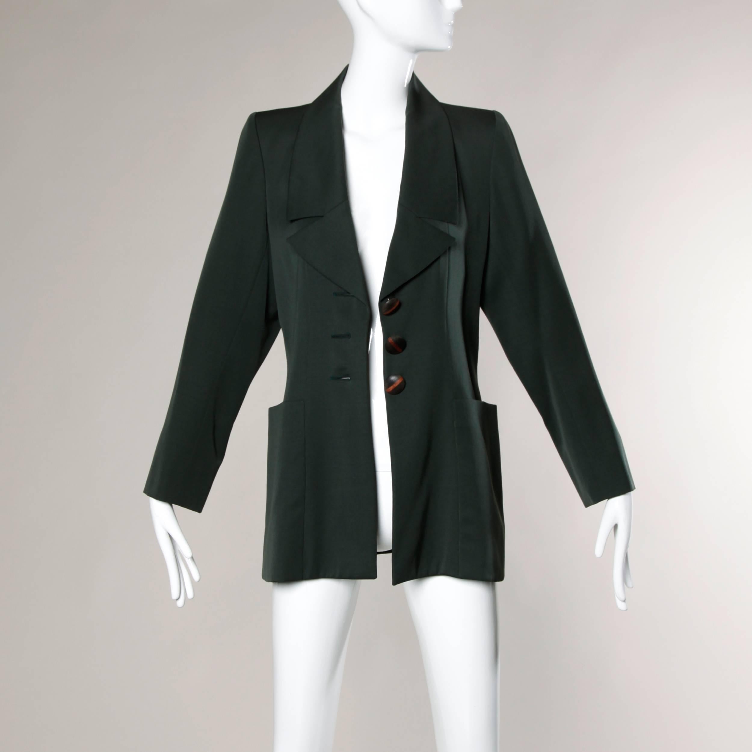 Yves Saint Laurent Rive Gauche YSL Vintage Dark Green Wool Blazer Jacket In Excellent Condition In Sparks, NV