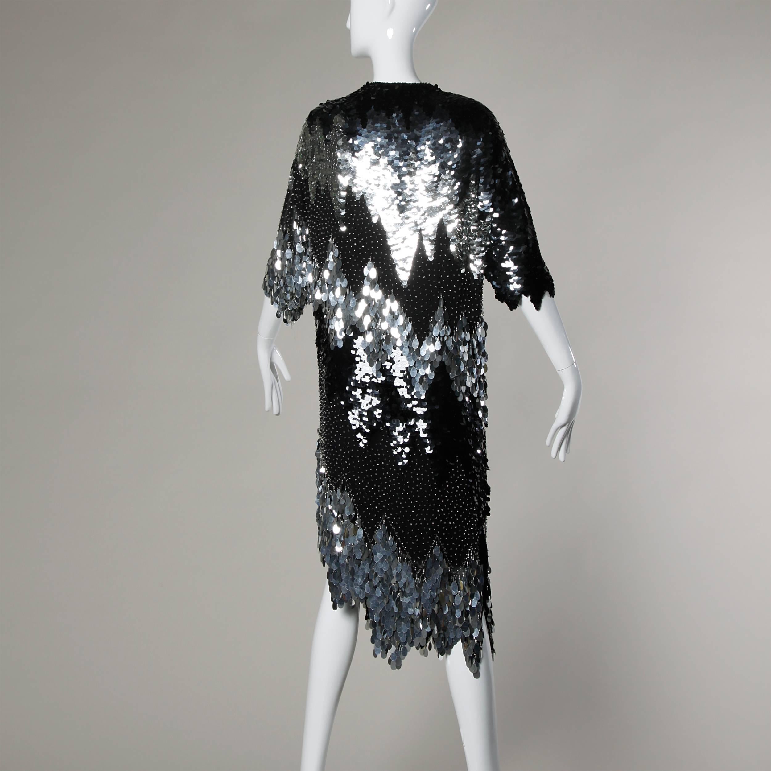 Black Flapper-Inspired Vintage Metallic Silk Beaded + Sequin Cocktail Dress For Sale