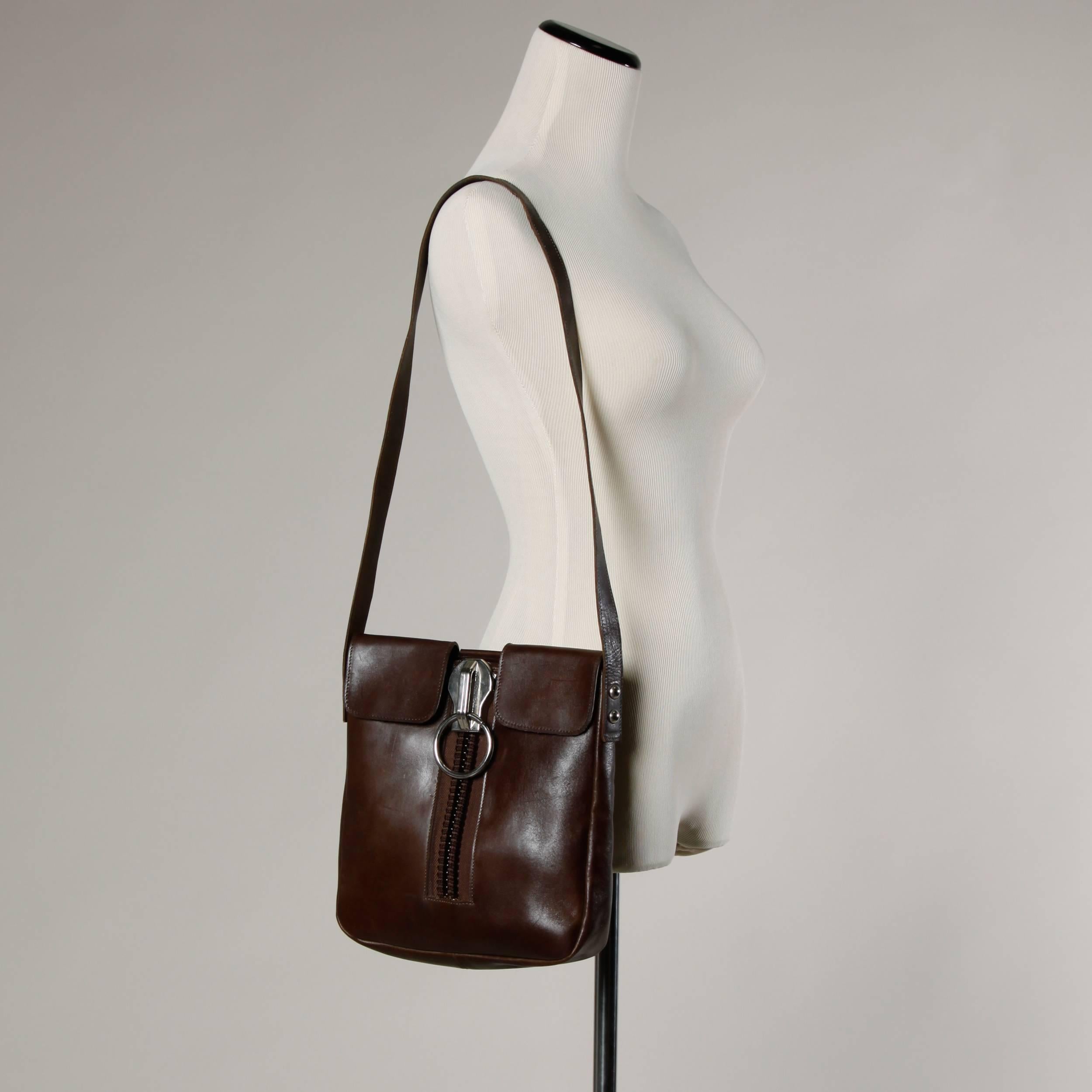 Women's 1960s Paco Rabanne Vintage Leather Crossbody Bag with Oversized Metal Zipper