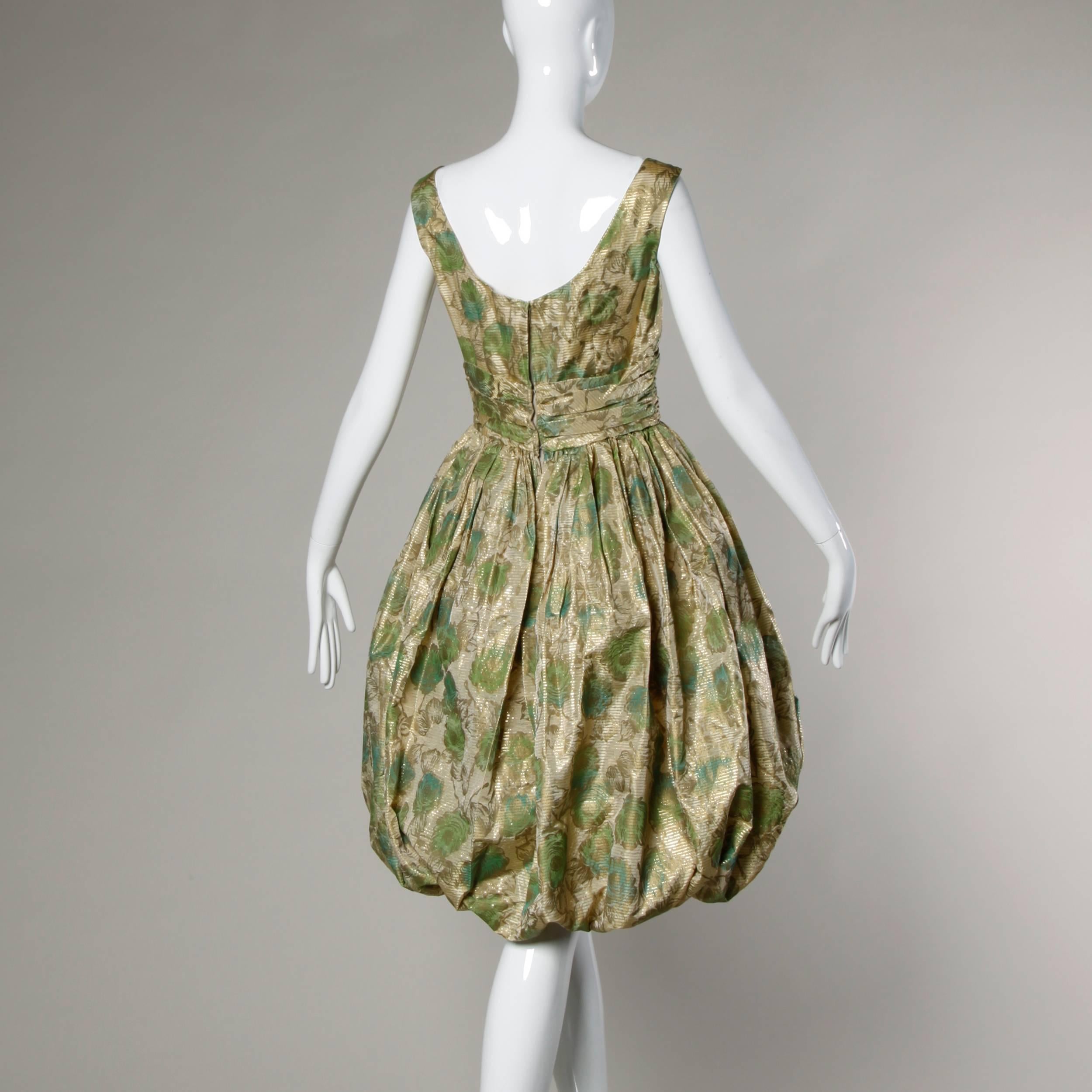 Unworn 1950s Vintage Metallic Floral Print Cocktail Dress with a Bubble Hem In Excellent Condition In Sparks, NV