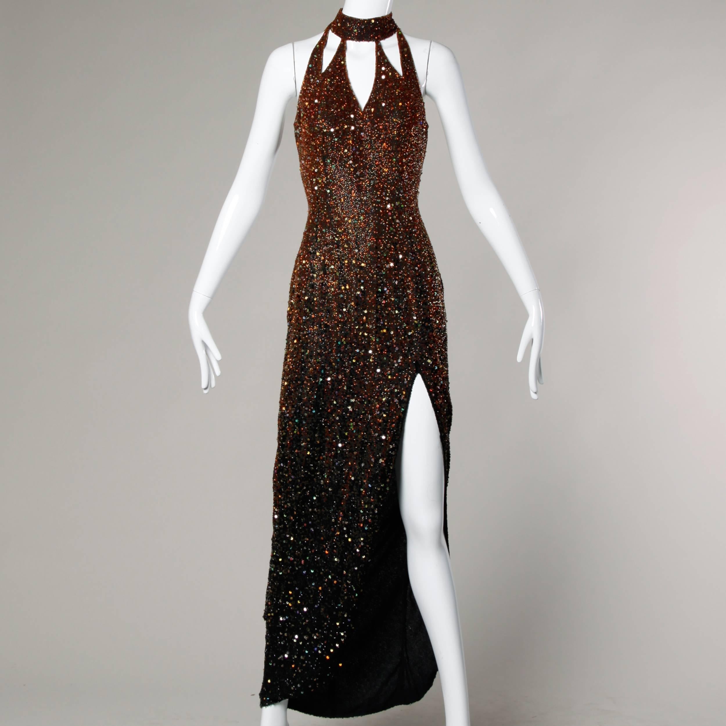 Naeem Khan Riazee Boutique Vintage Sequin + Beaded Ombre Silk Gown In Excellent Condition In Sparks, NV