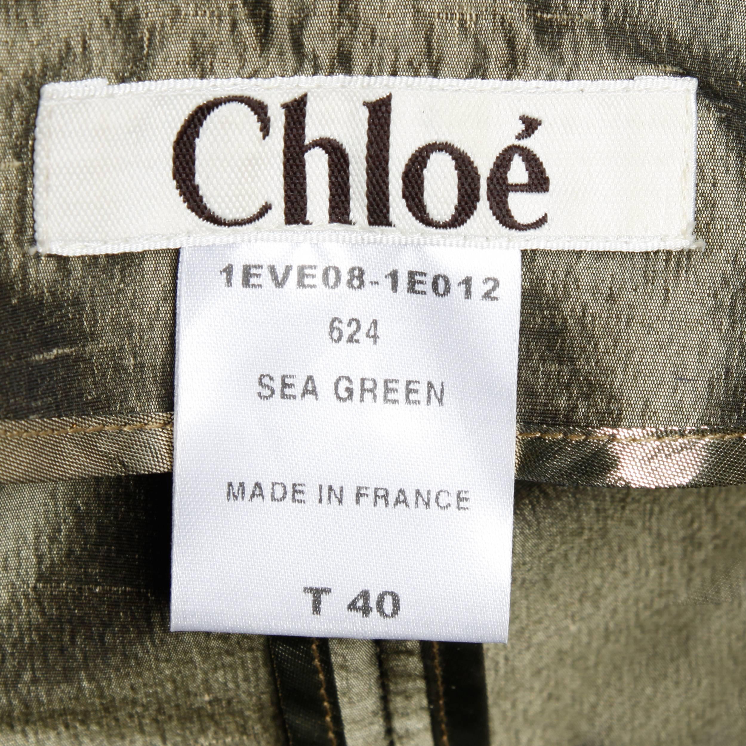 Chloe Avant Garde Olive Green Silk Jacket + Skirt Suit Ensemble In Excellent Condition In Sparks, NV