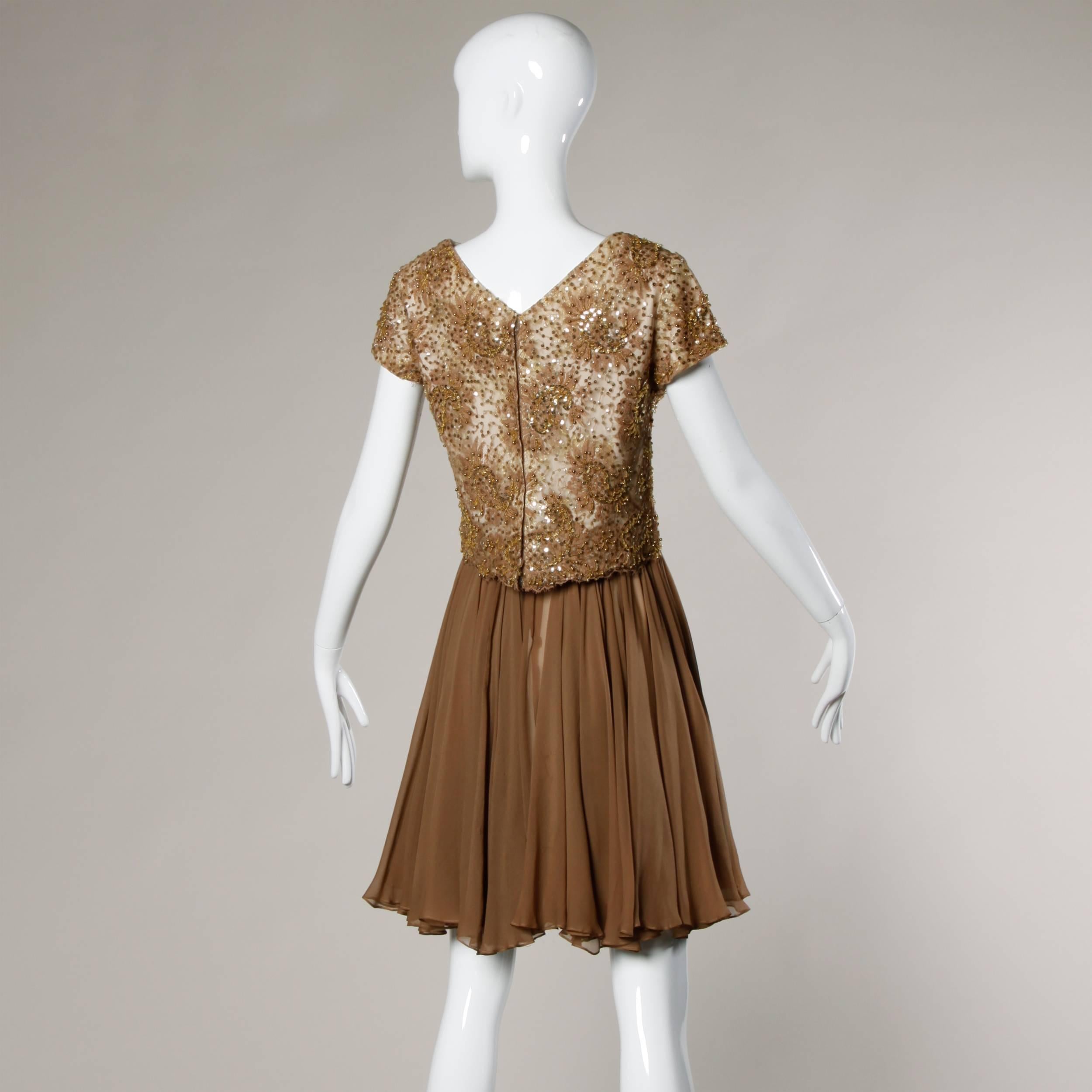 Brown 1960s Pat Sandler Vintage 2-Piece Beaded Lace Silk Chiffon Cocktail Dress For Sale