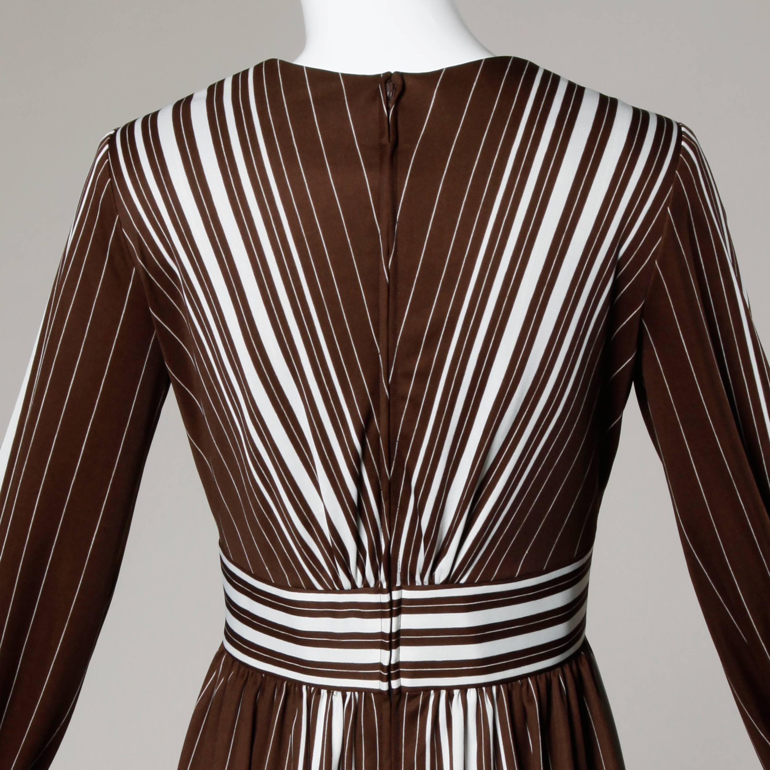1970s Estevez Vintage Brown + White Striped Maxi Dress with a Plunging Neckline 2