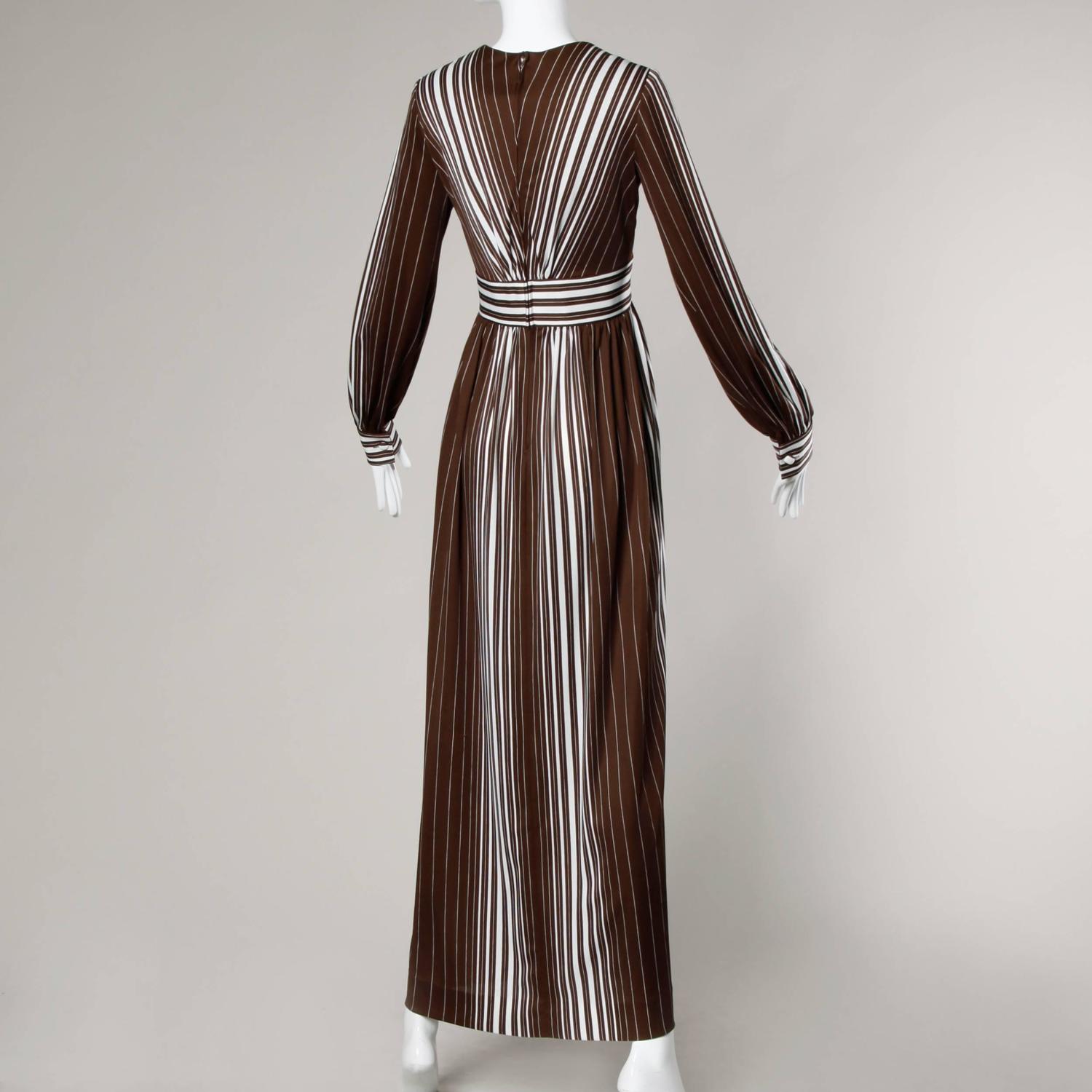 1970s Estevez Vintage Brown + White Striped Maxi Dress with a Plunging ...