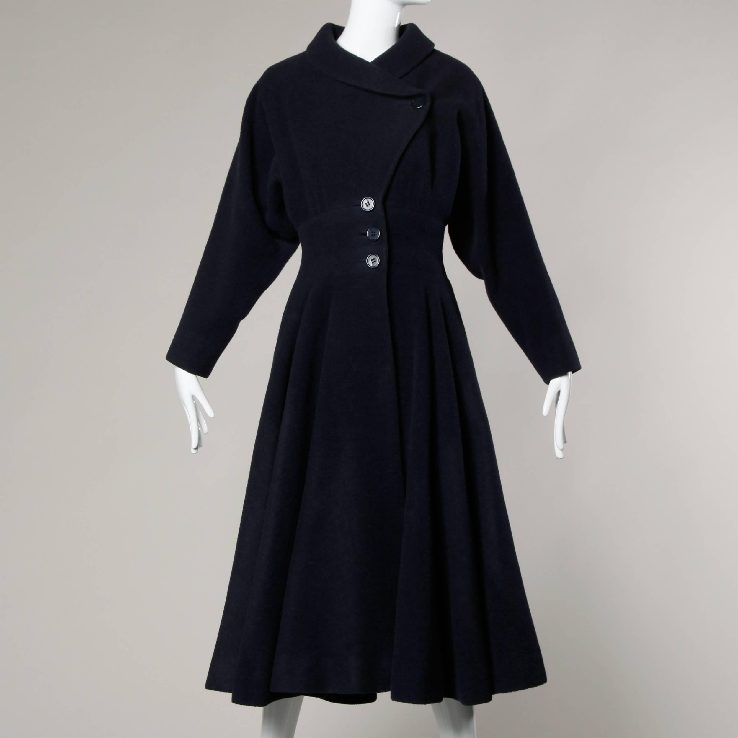 Black Rare Early Traina-Norell Label 1940s Navy Wool Swing Coat with a Massive Sweep