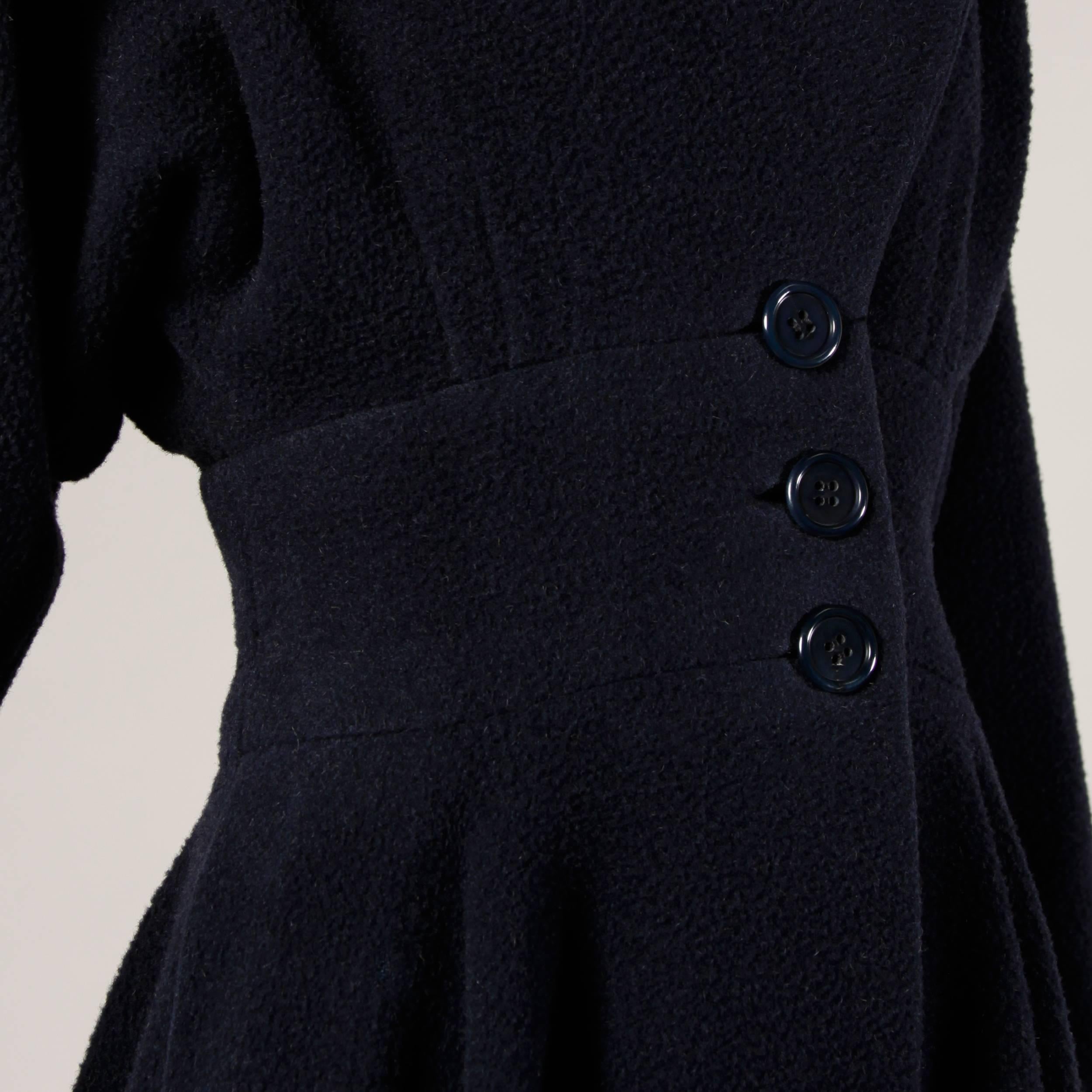 Women's Rare Early Traina-Norell Label 1940s Navy Wool Swing Coat with a Massive Sweep