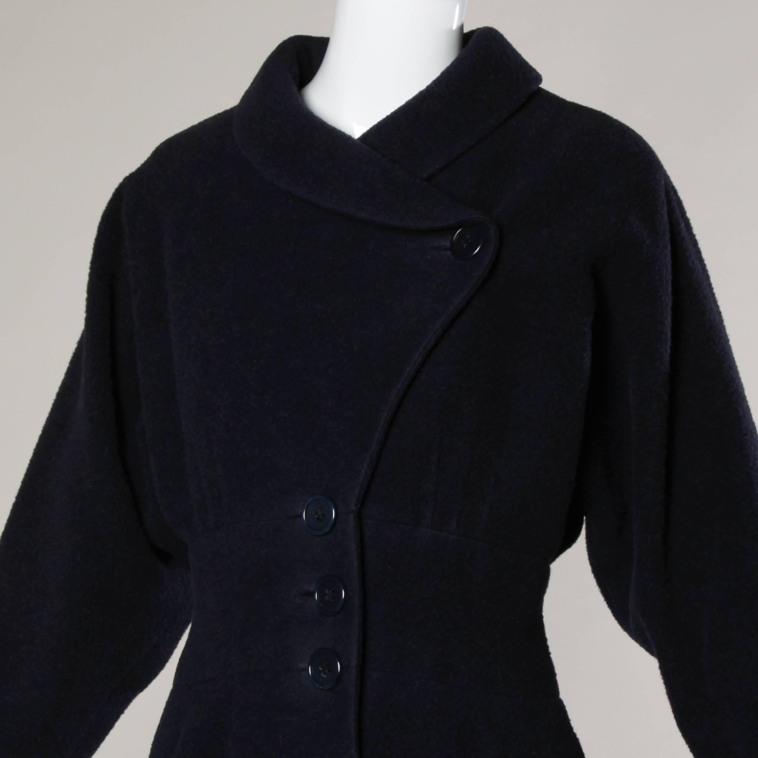 Rare Early Traina-Norell Label 1940s Navy Wool Swing Coat with a Massive Sweep In Excellent Condition In Sparks, NV