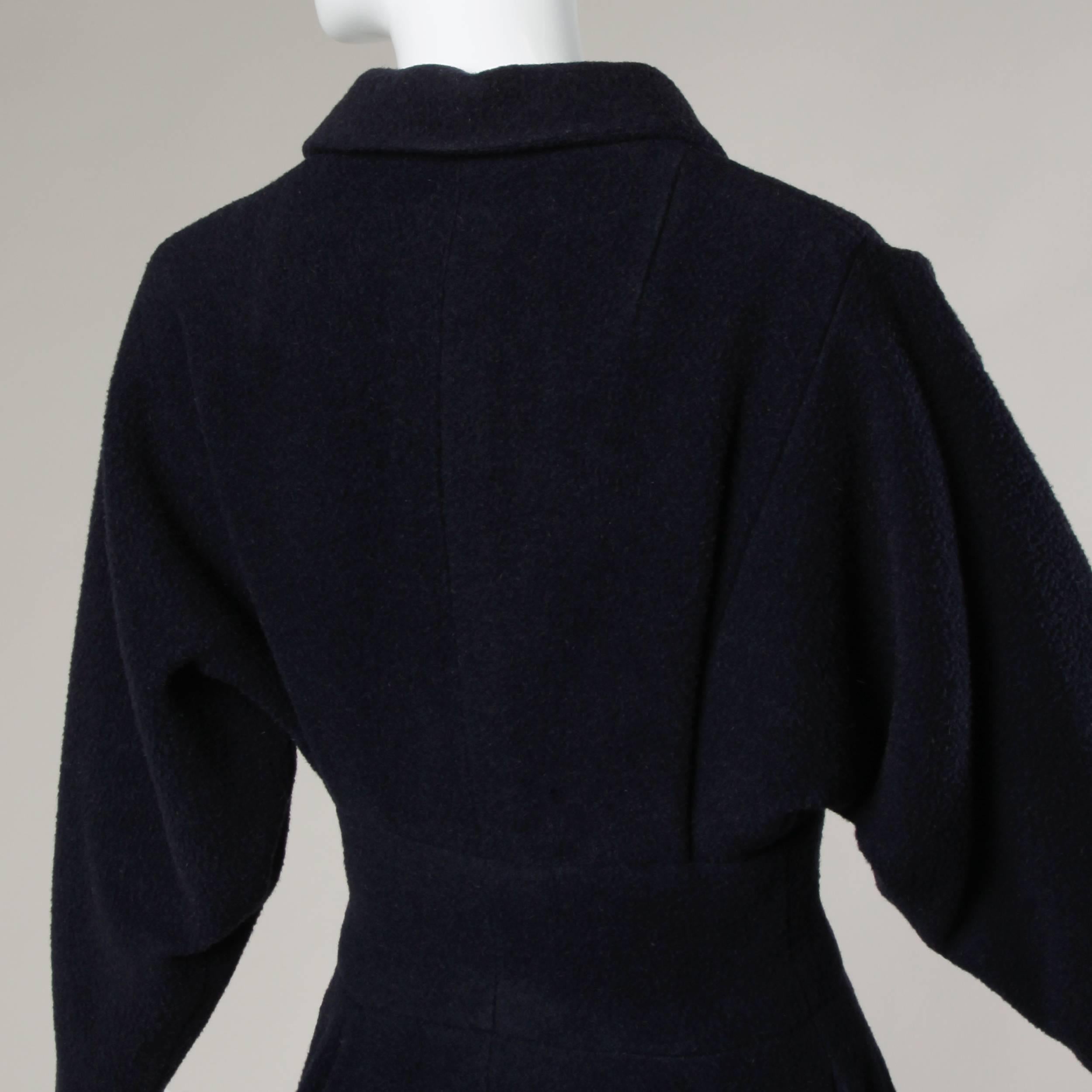 Rare Early Traina-Norell Label 1940s Navy Wool Swing Coat with a Massive Sweep 2