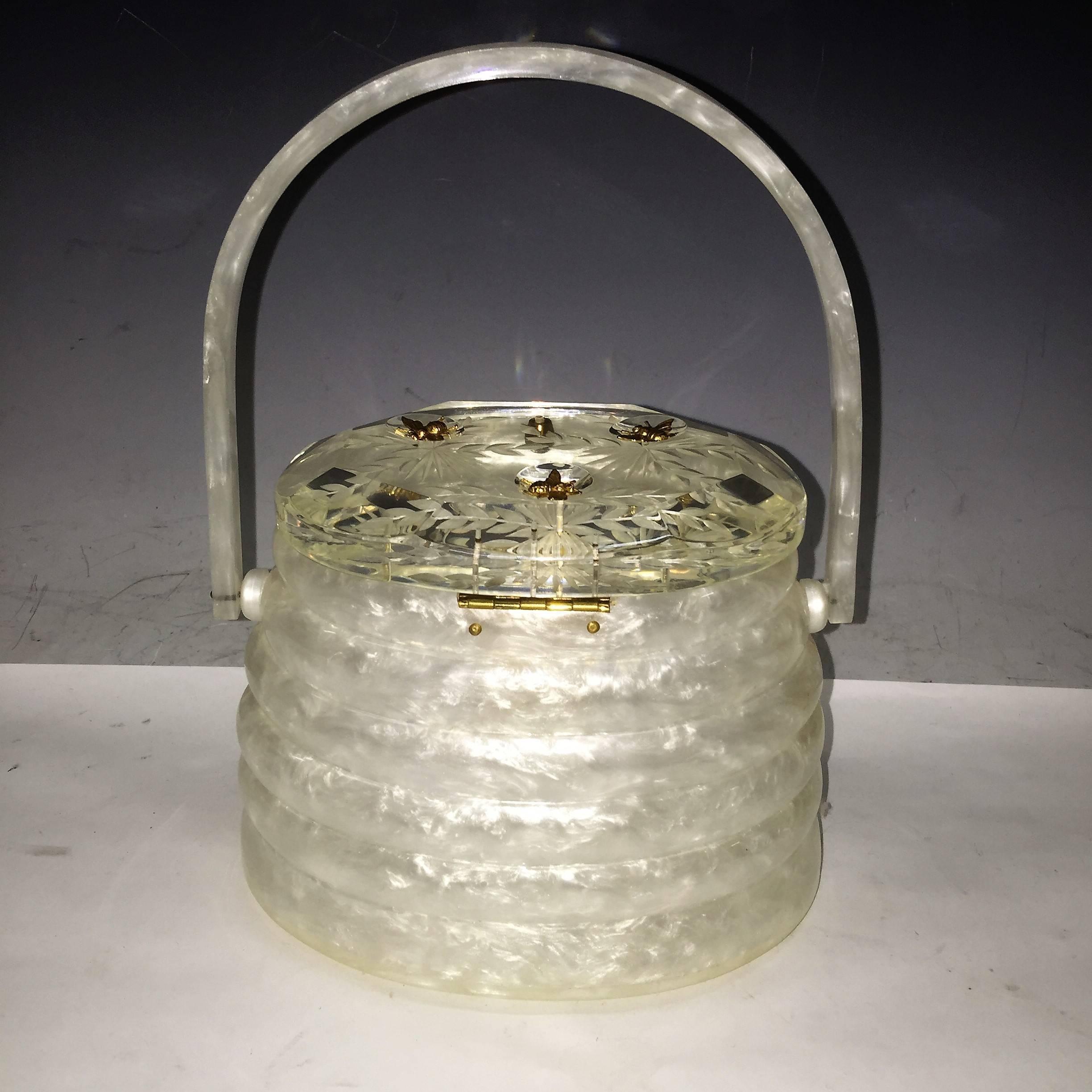 Exceptional White Pearlized Beehive Lucite Handbag with Goldtone Bees 2