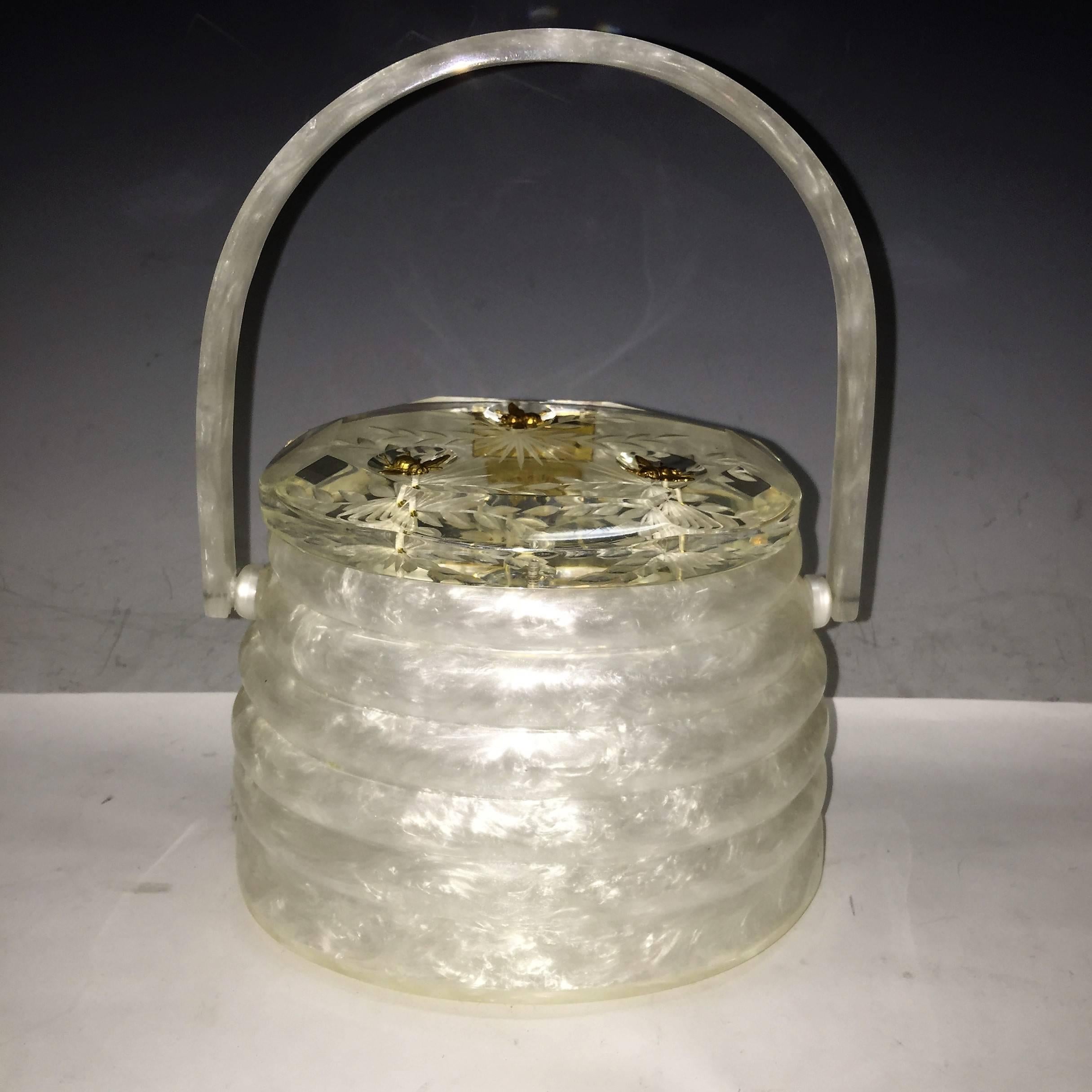 Exceptional White Pearlized Beehive Lucite Handbag with Goldtone Bees 4