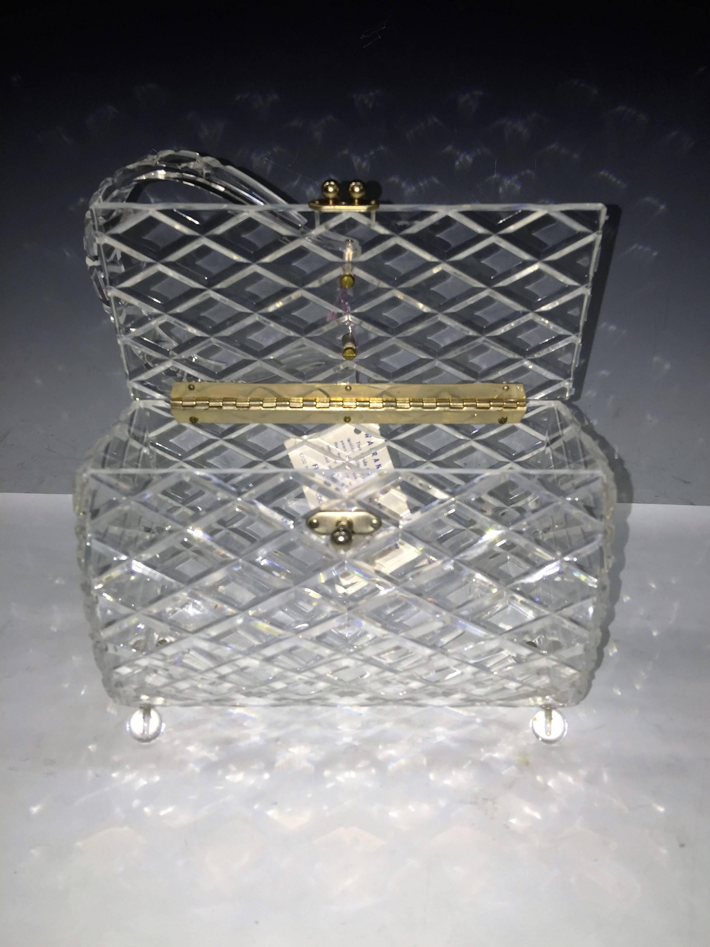 Gray Beautiful Clear Diamond Cut Design Lucite Handbag with Lucite Ball Feet For Sale