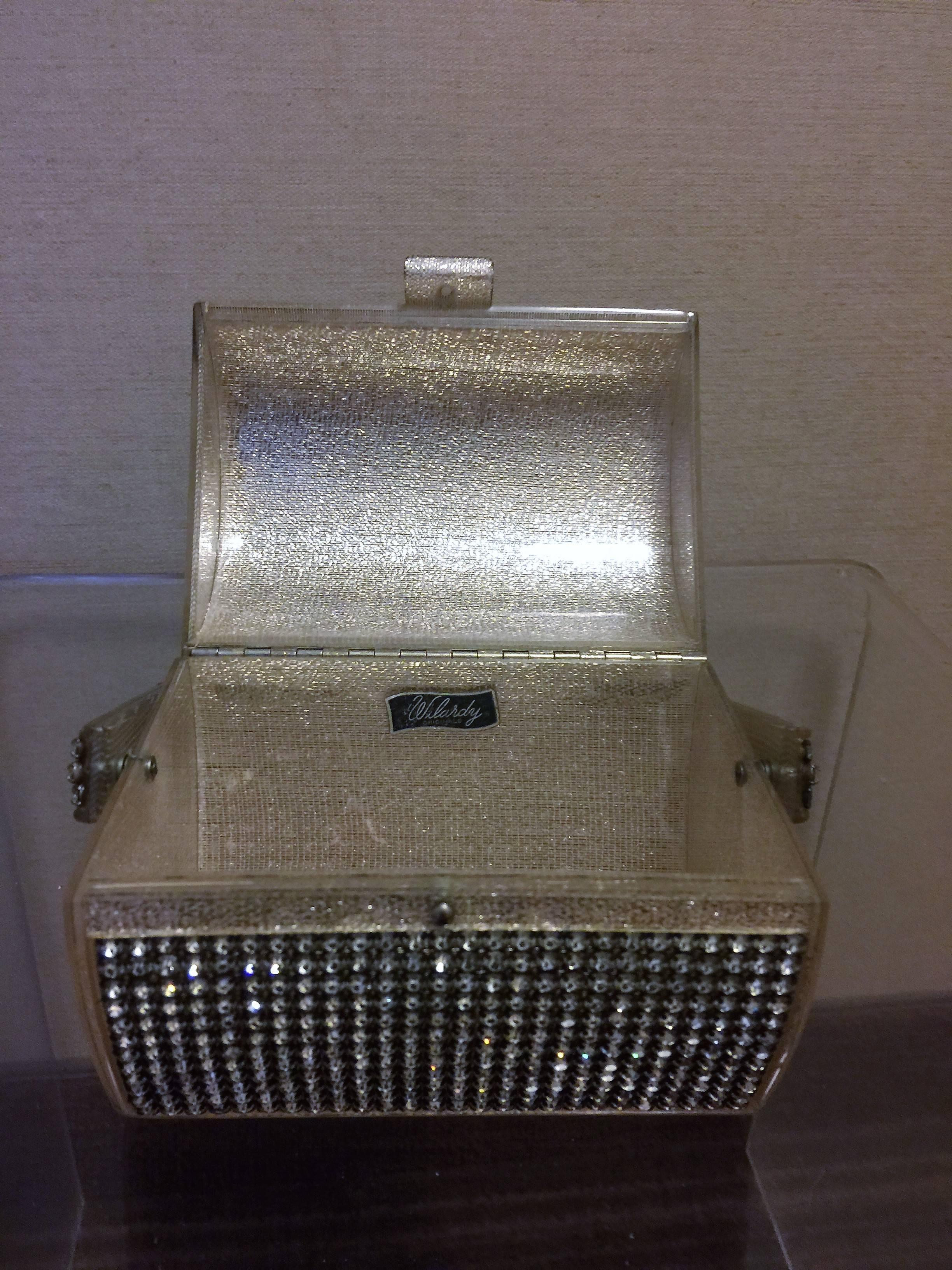 Stunning Wilardy Silver Lame Rhinestone Petite Lucite Handbag For Sale 3