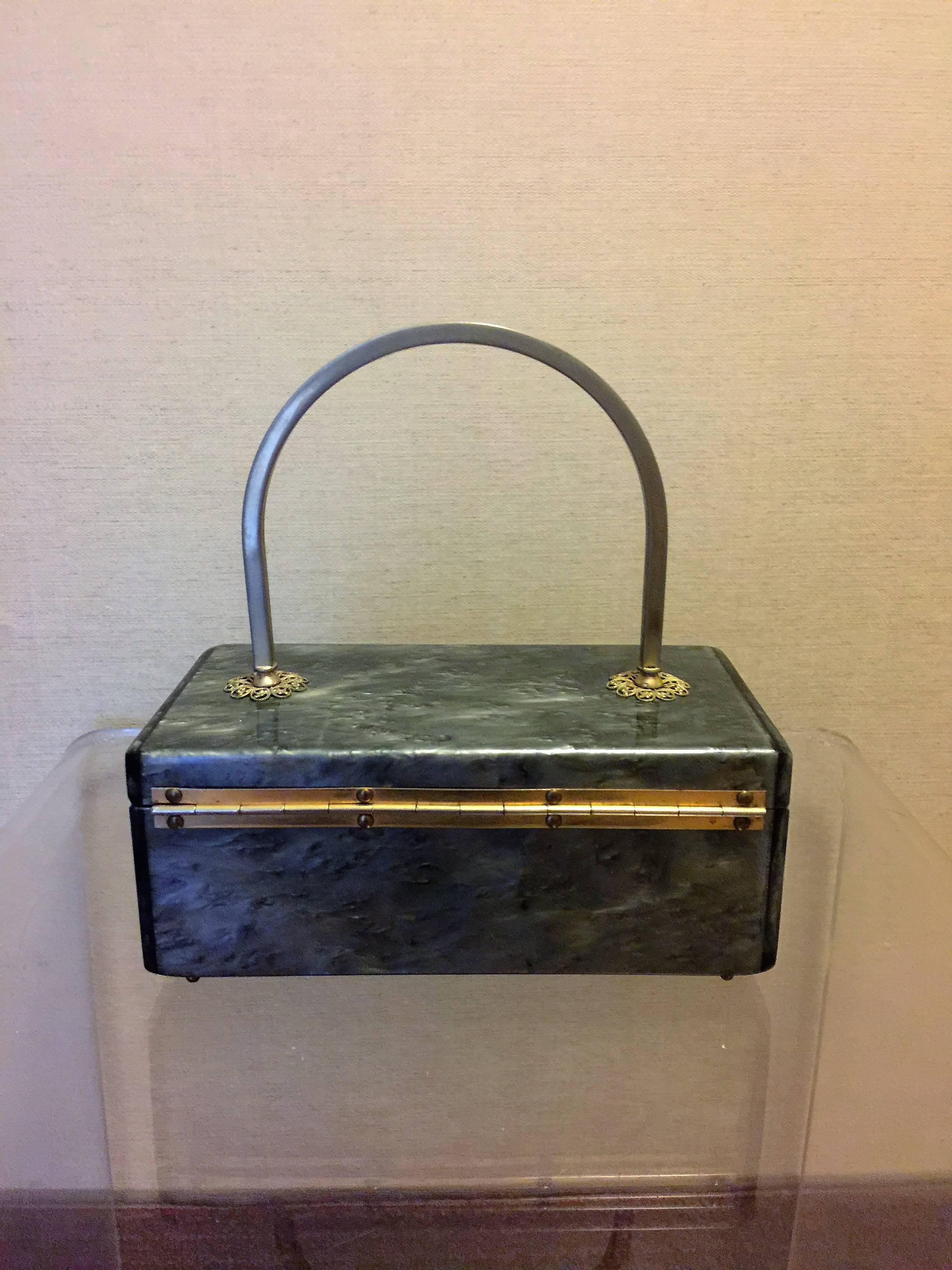 Grey Pearlized Lucite Handbag with Brass Filagree Accents By Toro In Good Condition For Sale In New York, NY