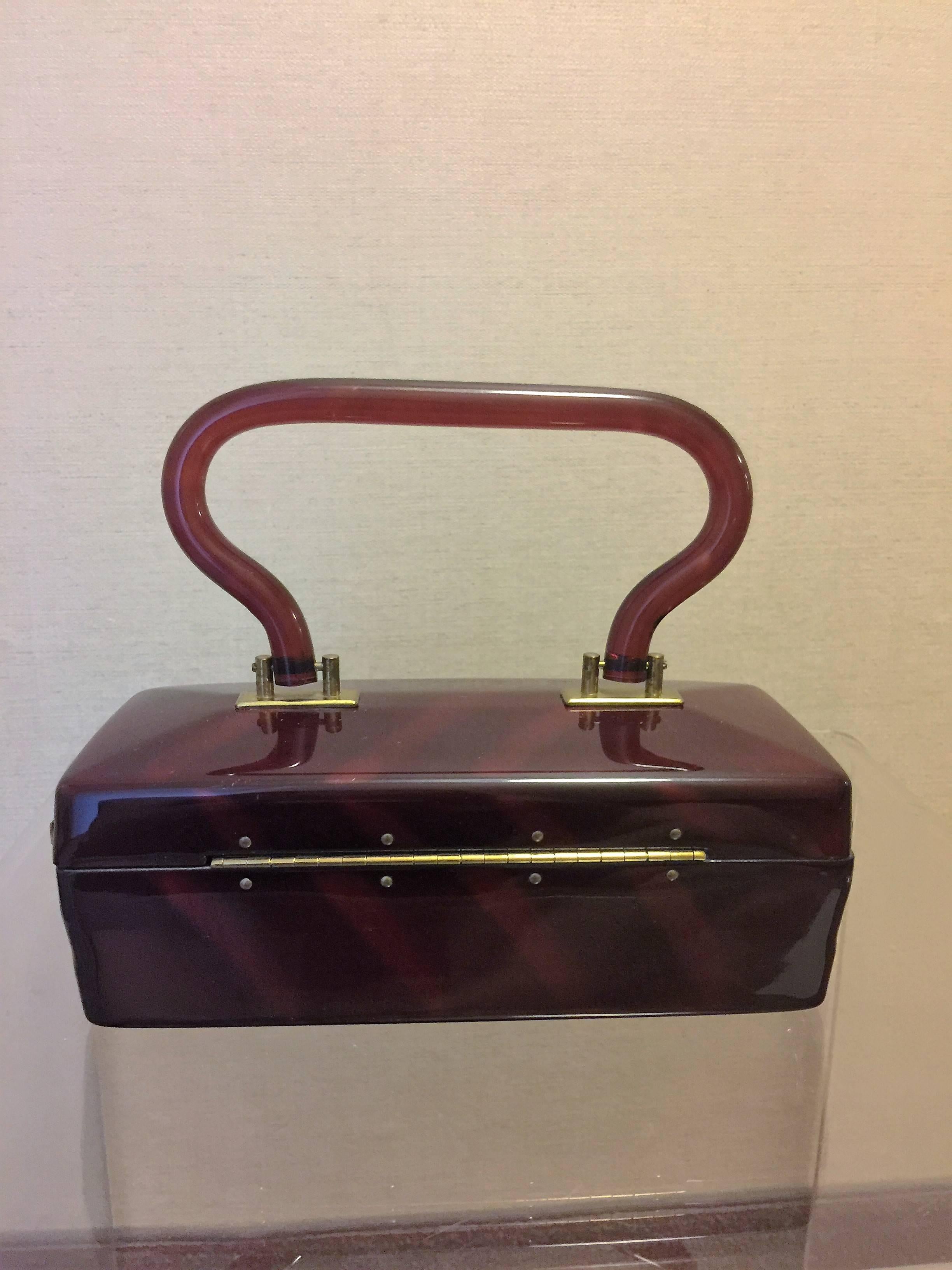 Black Deep Caramel Goldtone Trimmed Lucite Handbag by Dorset-Rex For Sale