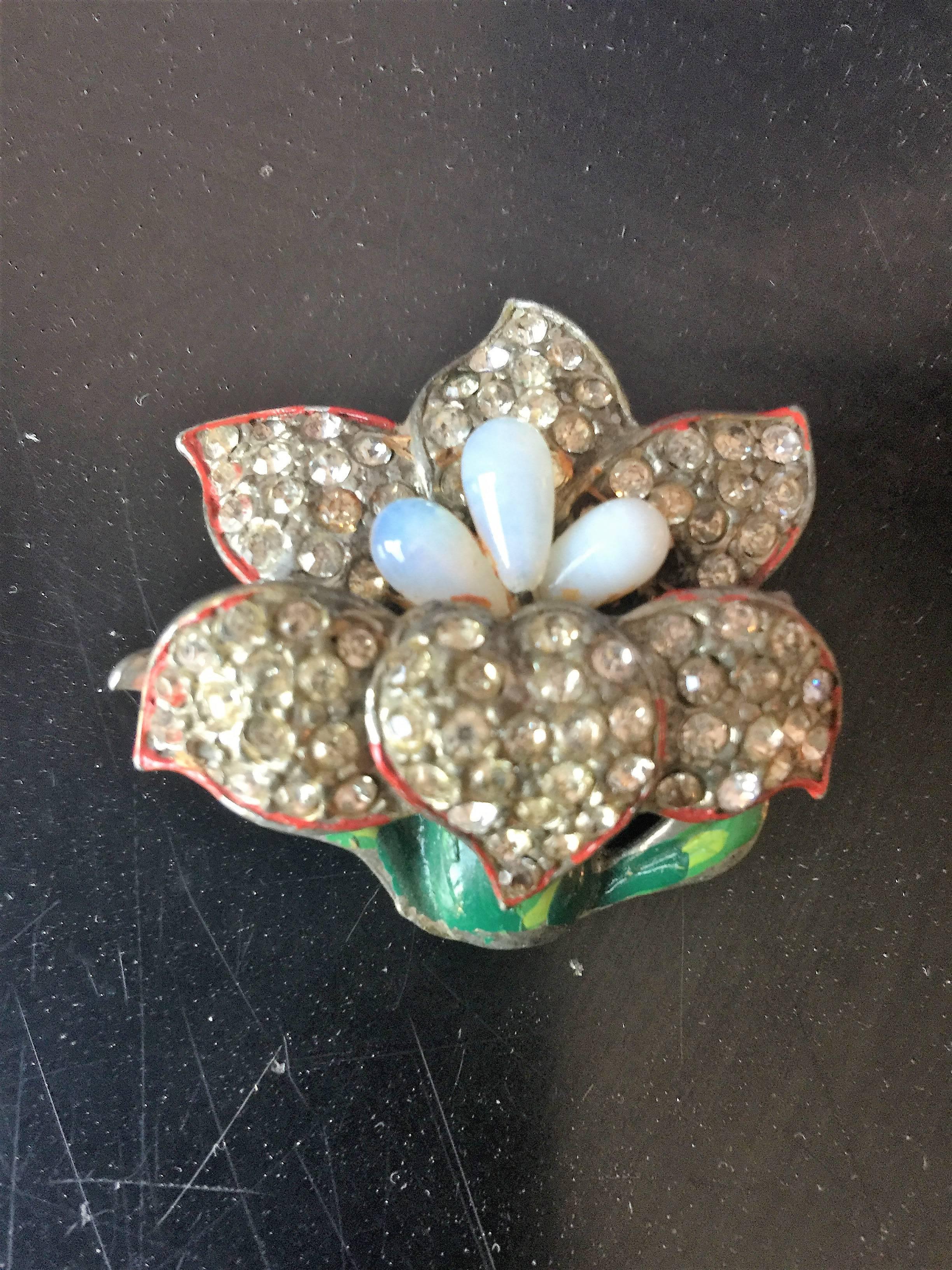 Pair of Flower Cold Enameled Pins made by CoroCraft in the 1930's decorated with Pave Rhinestones and Opalescent Glass Stamens.Fabulous for Your Summertime Attire.