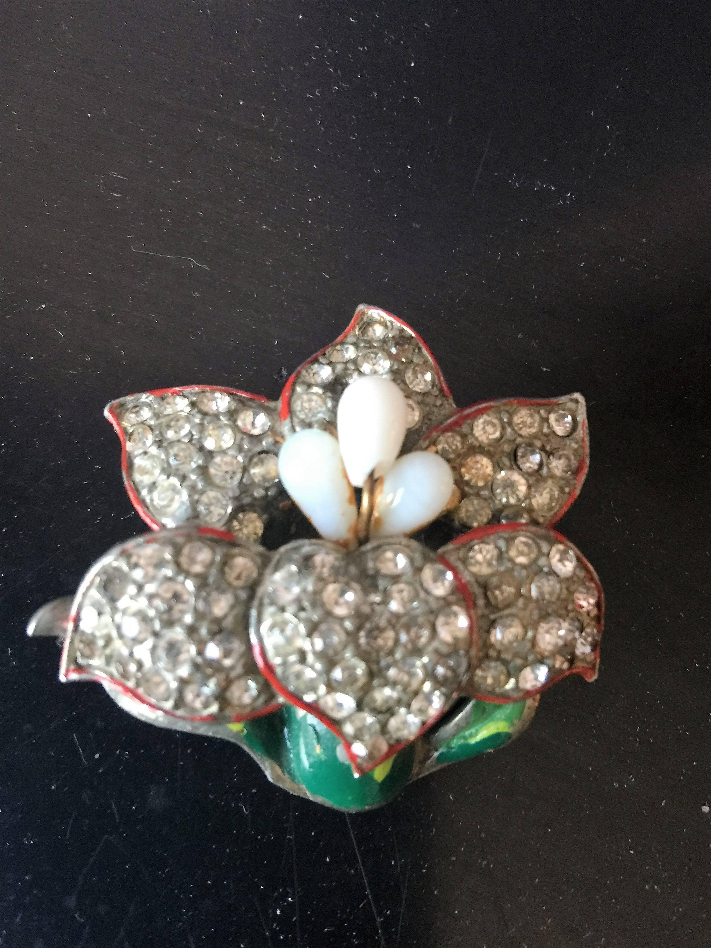 Beautiful Pair of Art Deco Enamel Rhinestone Flower Pins by CoroCraft In Excellent Condition For Sale In New York, NY