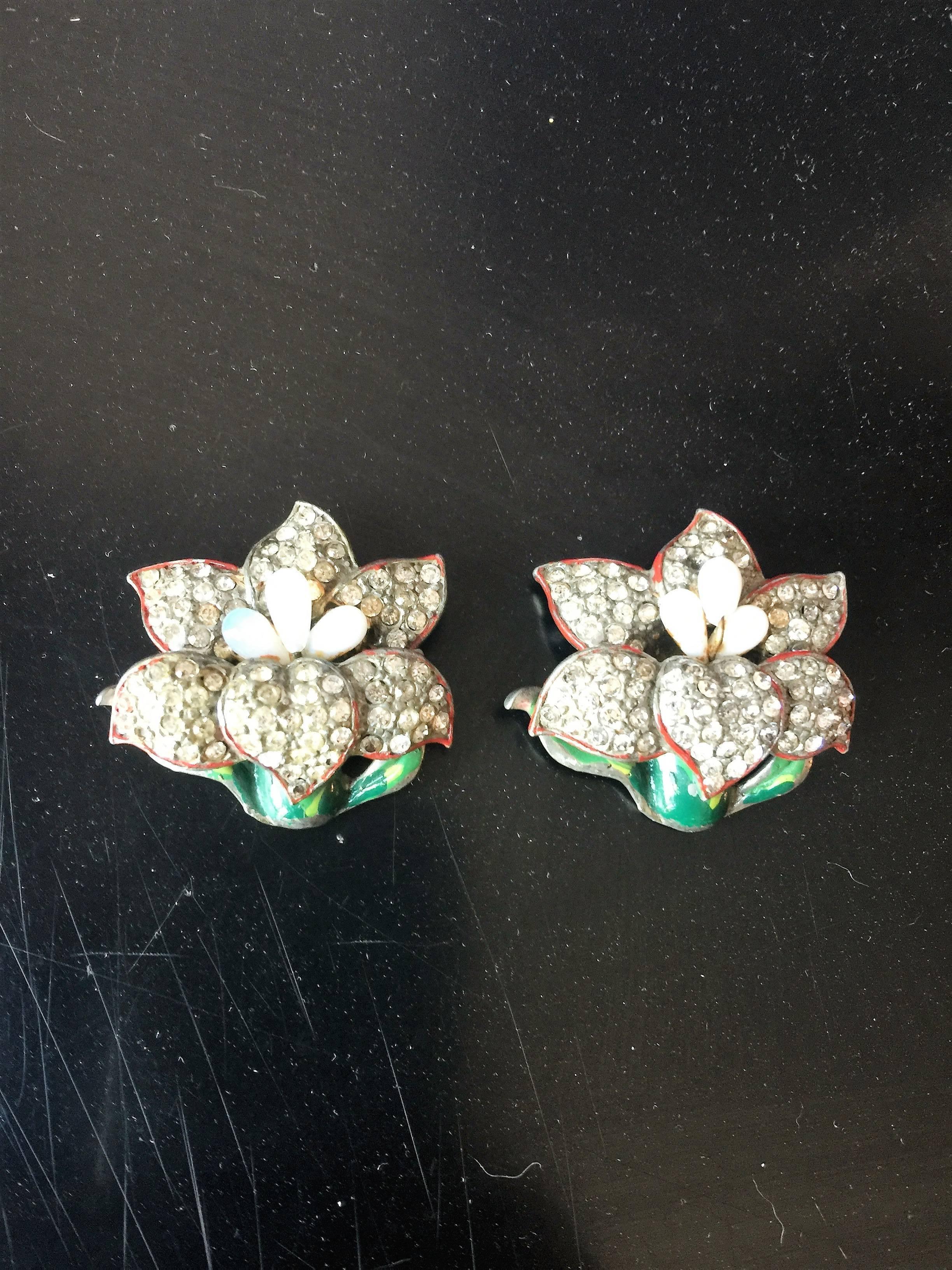 Women's Beautiful Pair of Art Deco Enamel Rhinestone Flower Pins by CoroCraft For Sale