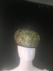 1950's Gold Lame Hat Decorated with Faceted Jet Glass and Yellow Glass Stones