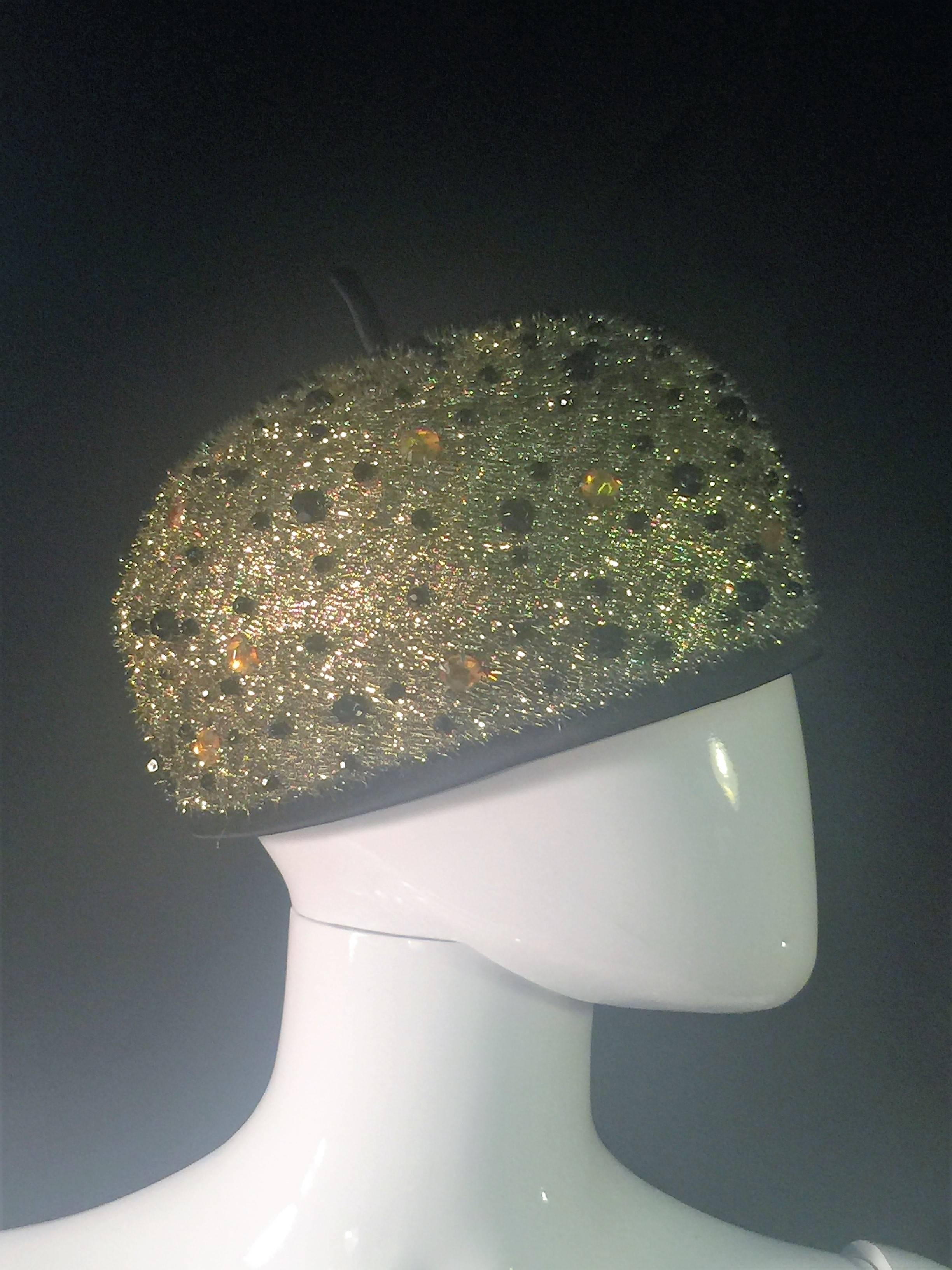  1950's Gold Lame Hat Decorated with Faceted Jet Glass and Yellow Glass Stones For Sale 1