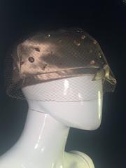 Gorgeous Taupe Fur Velour 1950's Pill Box Decorated with Beads and Net