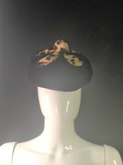 1940's Black Fur Velour with Leopard Printed Fur Design and Pom Pom Hat