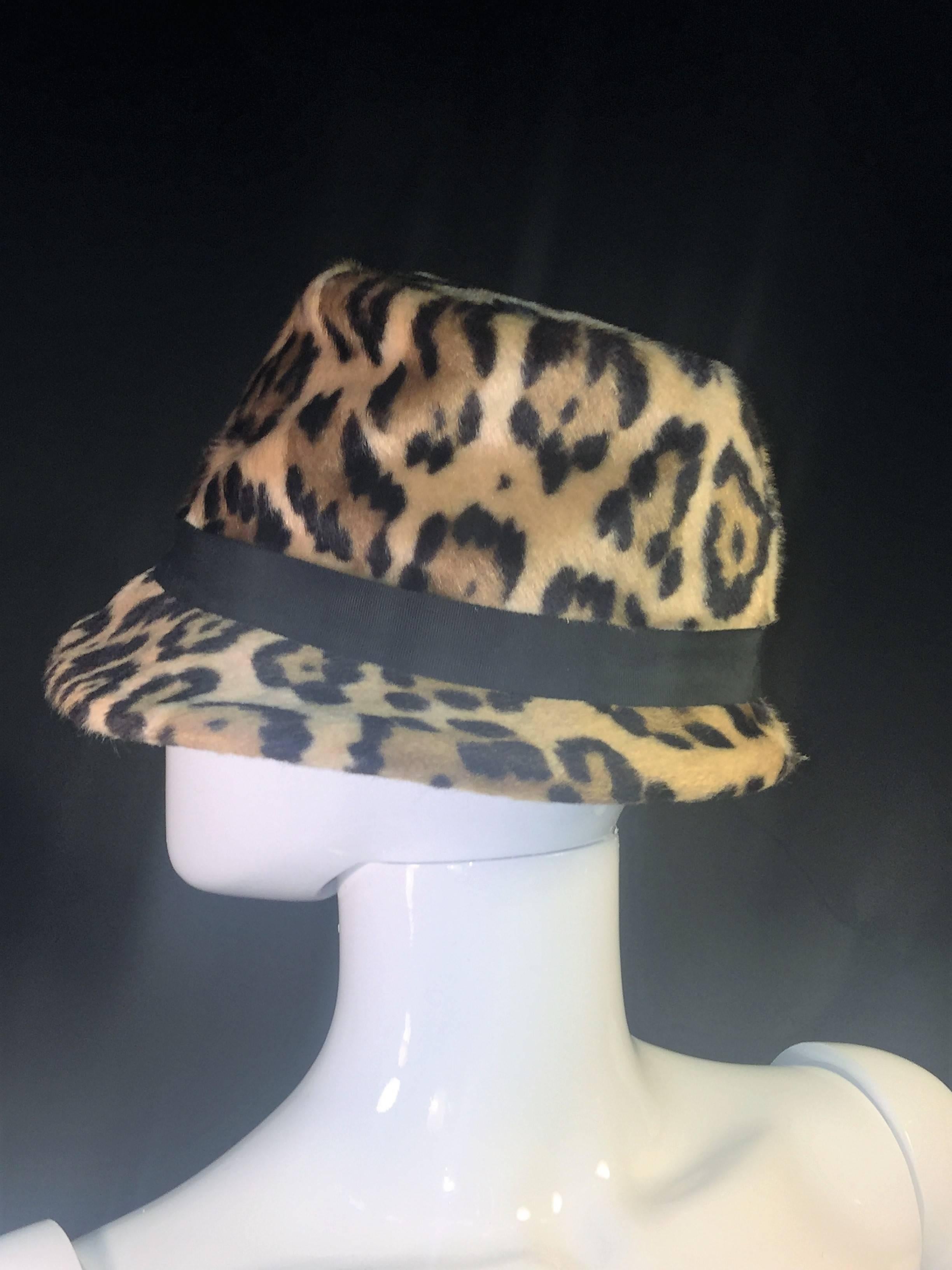 Gorgeous Faux Leopard Fur Hat with Jaunty Black Grosgrain Ribbon For Sale 1