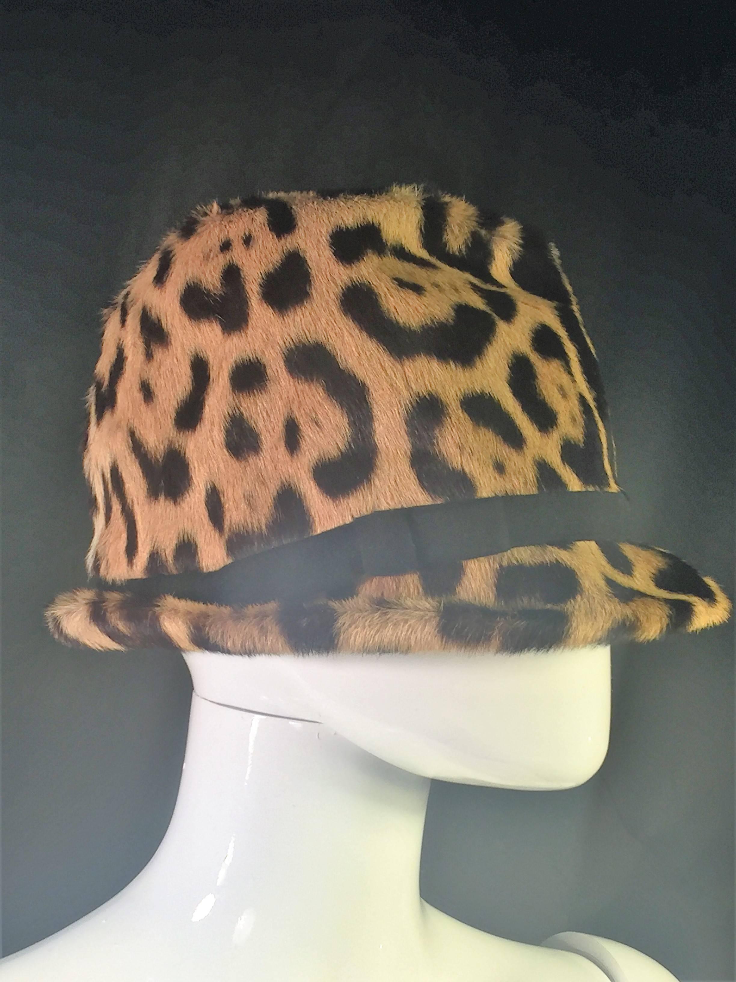 Beautiful Jaguar Printed Fur Hat with Black Wool Felt Lining,an Excellent Style for your Modern Wardrobe.