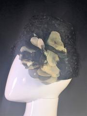 1950's Black Polka Dot Net Beehive Style Hat with Organza Flower