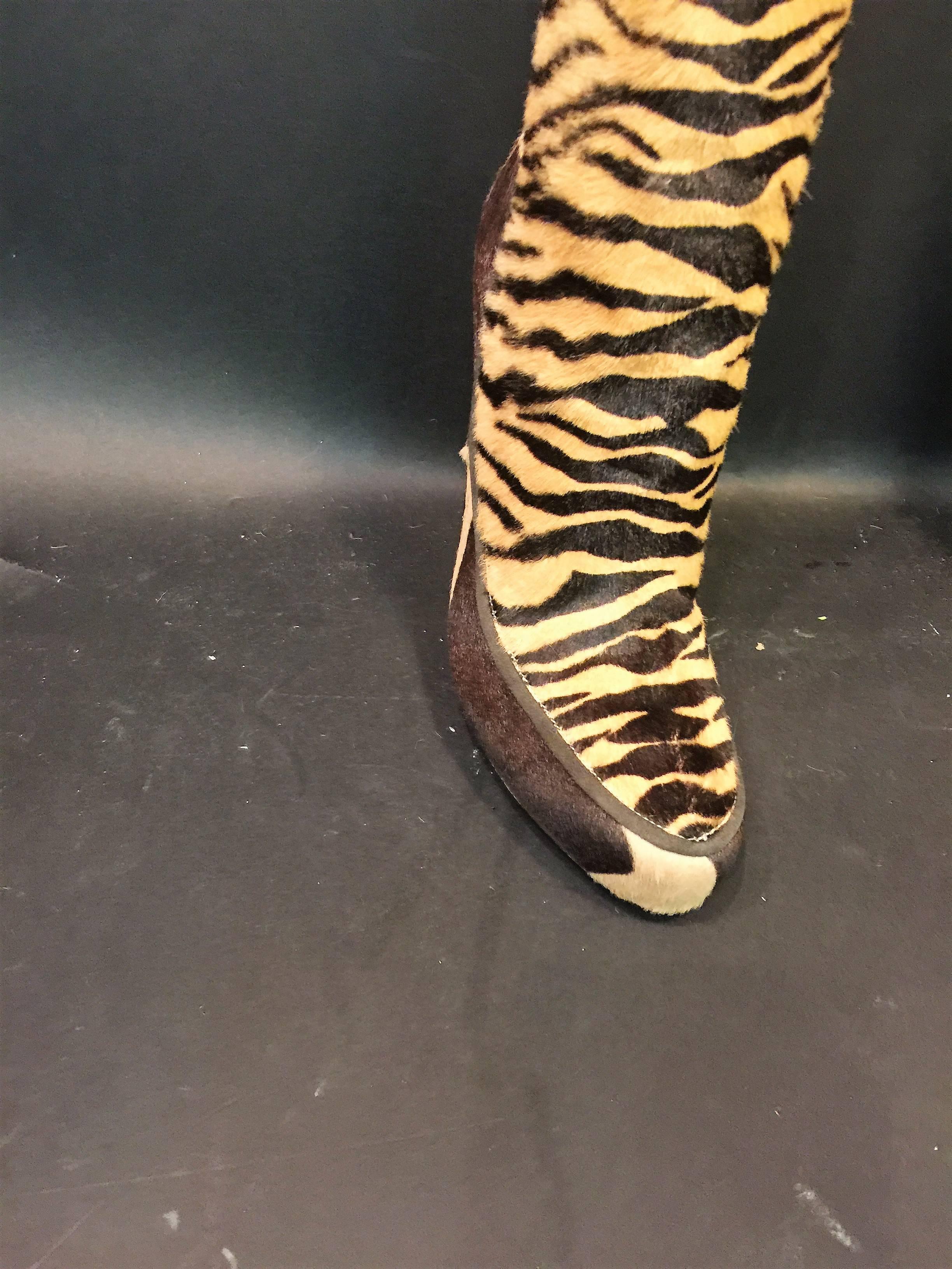 Beige Gorgeous Roberto Cavalli Tiger Giraffe Pattern Fur Hide Thigh High Boots For Sale