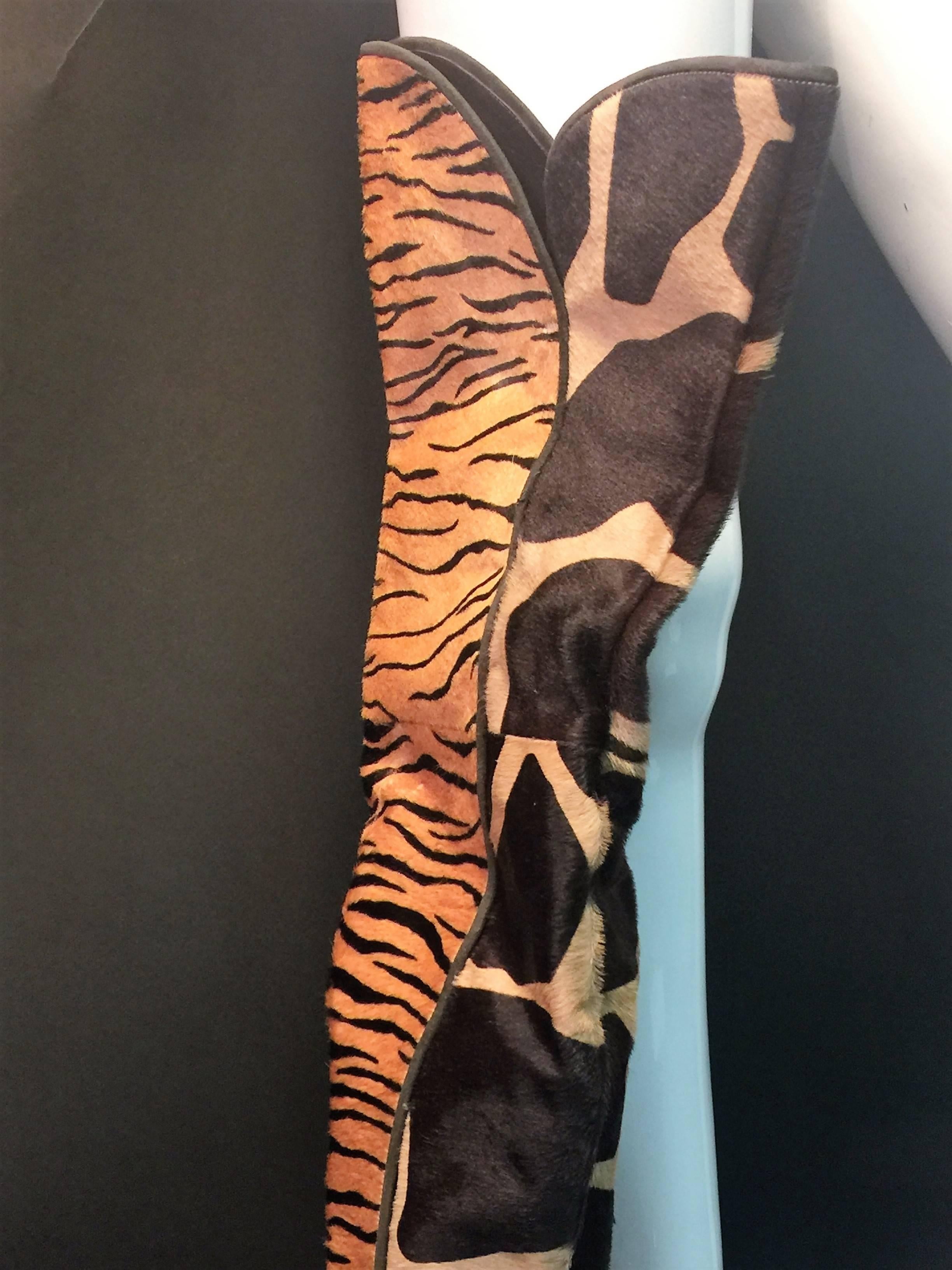 Gorgeous Roberto Cavalli Tiger Giraffe Pattern Fur Hide Thigh High Boots For Sale 2